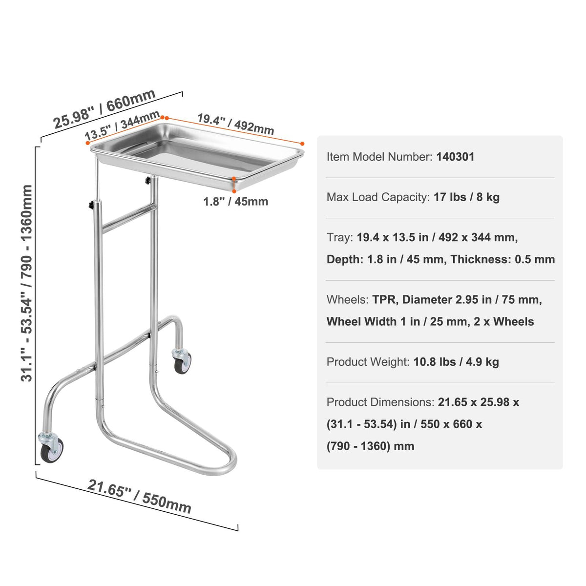 Stainless Steel Lab Carts, Lab Utility Cart with Single Tray, Mobile Medical Cart with 2 Silent Wheels, Lab Rolling Cart for Lab, Clinic, Hospital, Salon