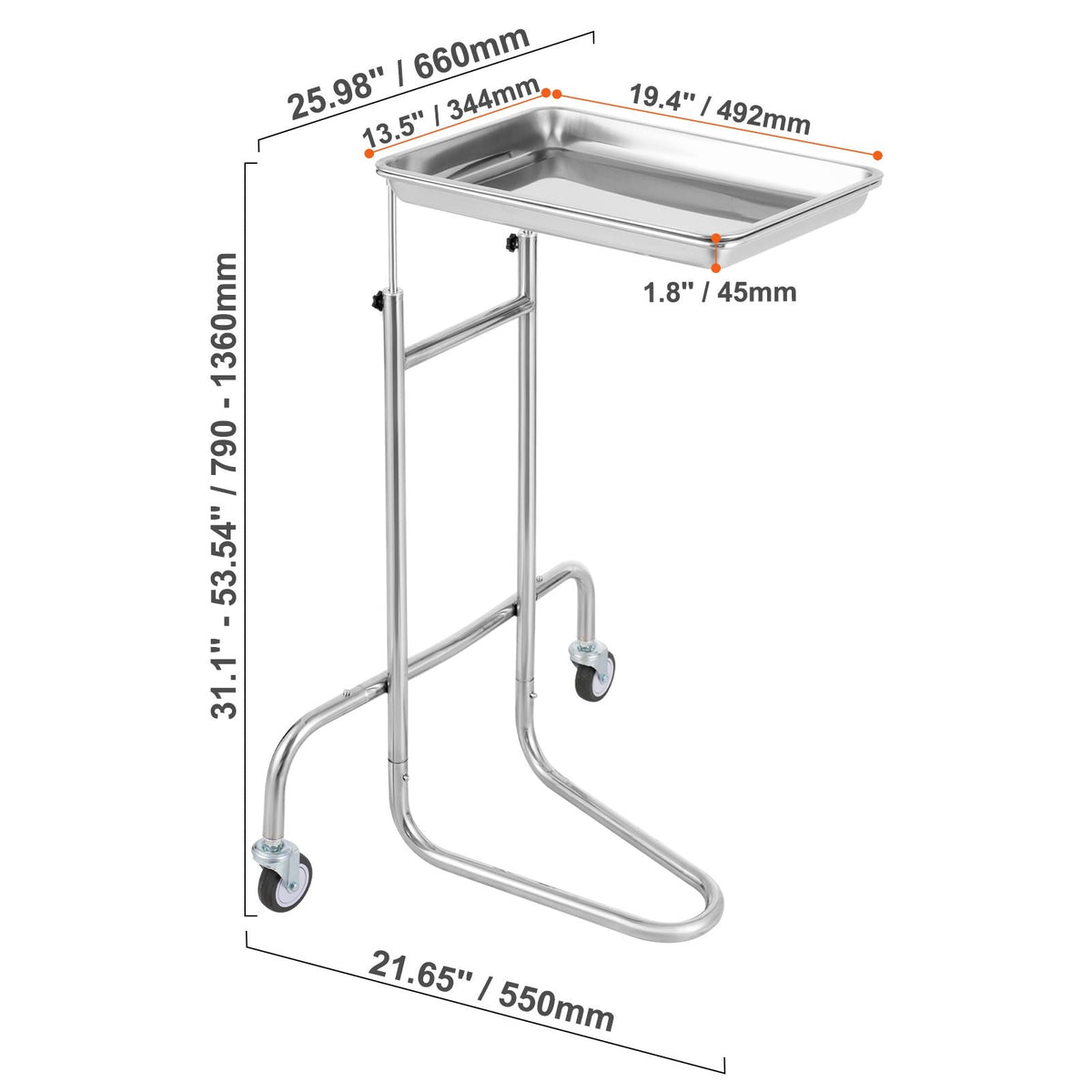 Stainless Steel Lab Carts, Lab Utility Cart with Single Tray, Mobile Medical Cart with 2 Silent Wheels, Lab Rolling Cart for Lab, Clinic, Hospital, Salon