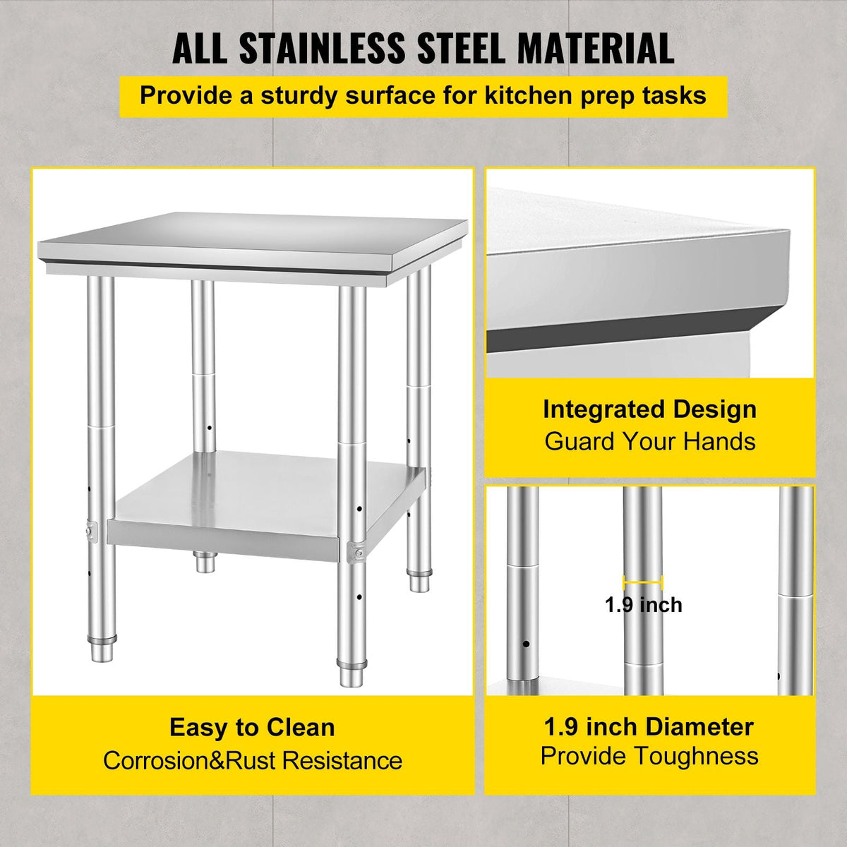 Stainless Steel Prep Table, 24 x 30 x 31 Inch, 700 lbs Load Capacity, Heavy Duty Metal Worktable with 3 Adjustable Height Levels, Commercial Workstation for Kitchen Garage Restaurant Backyard