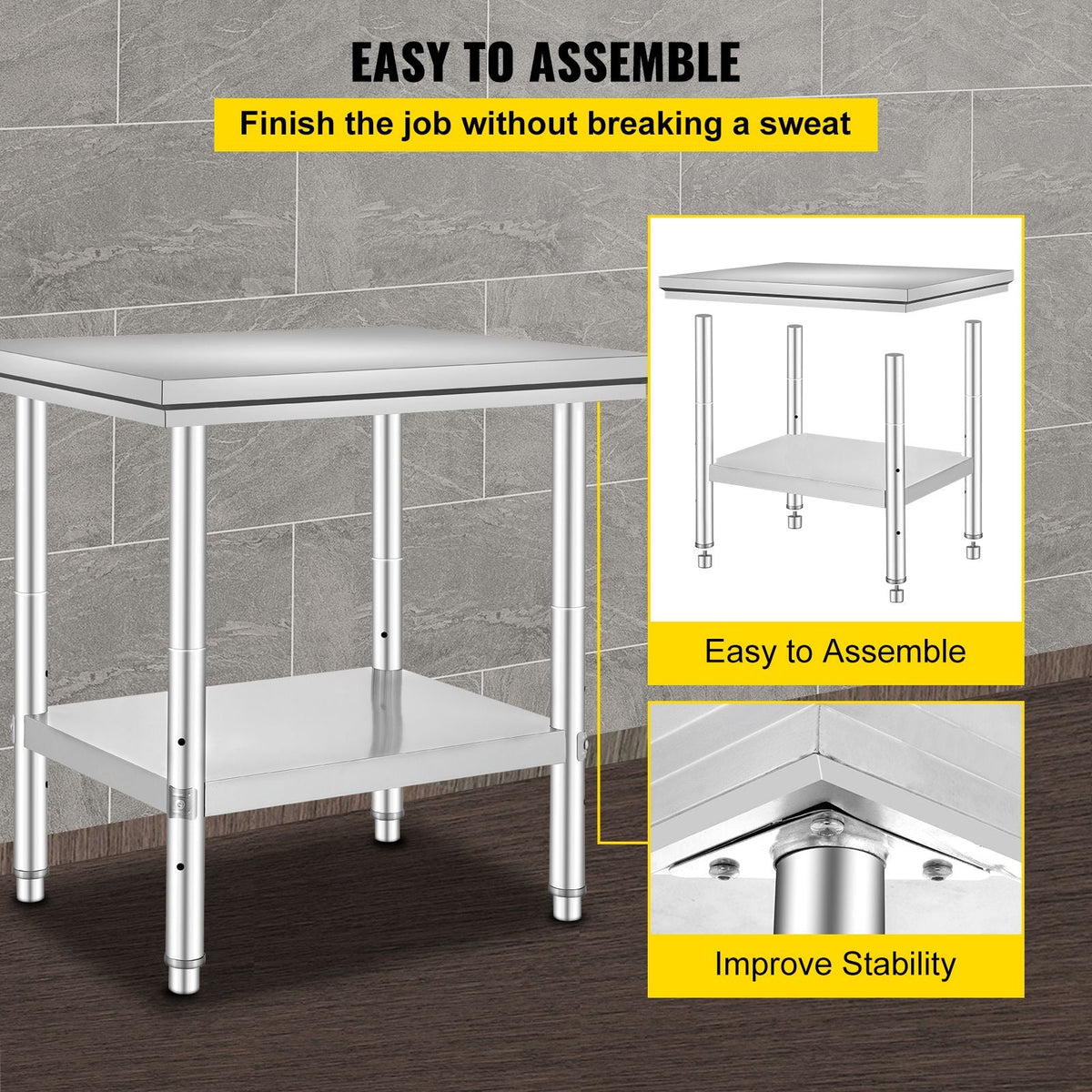Stainless Steel Prep Table, 24 x 30 x 31 Inch, 700 lbs Load Capacity, Heavy Duty Metal Worktable with 3 Adjustable Height Levels, Commercial Workstation for Kitchen Garage Restaurant Backyard