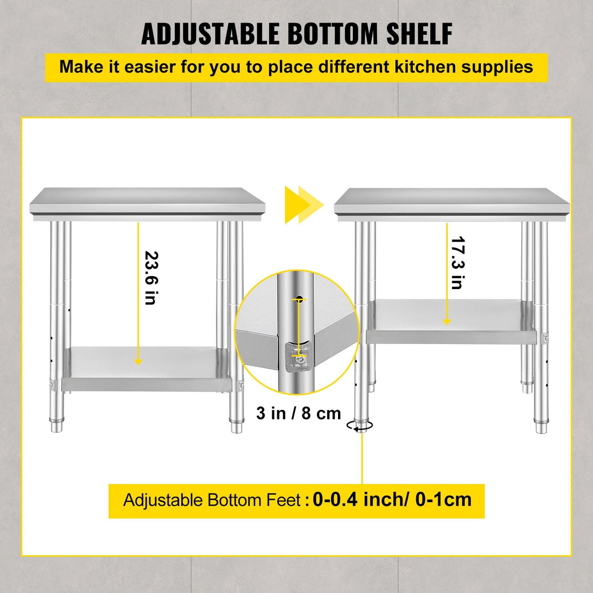 Stainless Steel Prep Table, 24 x 30 x 31 Inch, 700 lbs Load Capacity, Heavy Duty Metal Worktable with 3 Adjustable Height Levels, Commercial Workstation for Kitchen Garage Restaurant Backyard