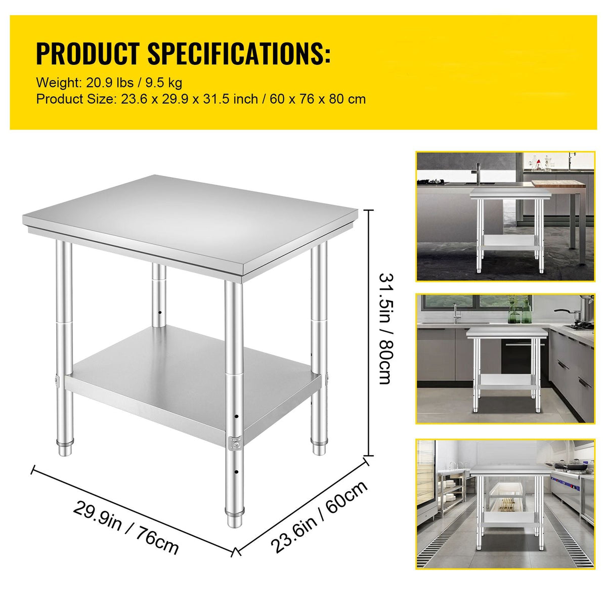 Stainless Steel Prep Table, 24 x 30 x 31 Inch, 700 lbs Load Capacity, Heavy Duty Metal Worktable with 3 Adjustable Height Levels, Commercial Workstation for Kitchen Garage Restaurant Backyard