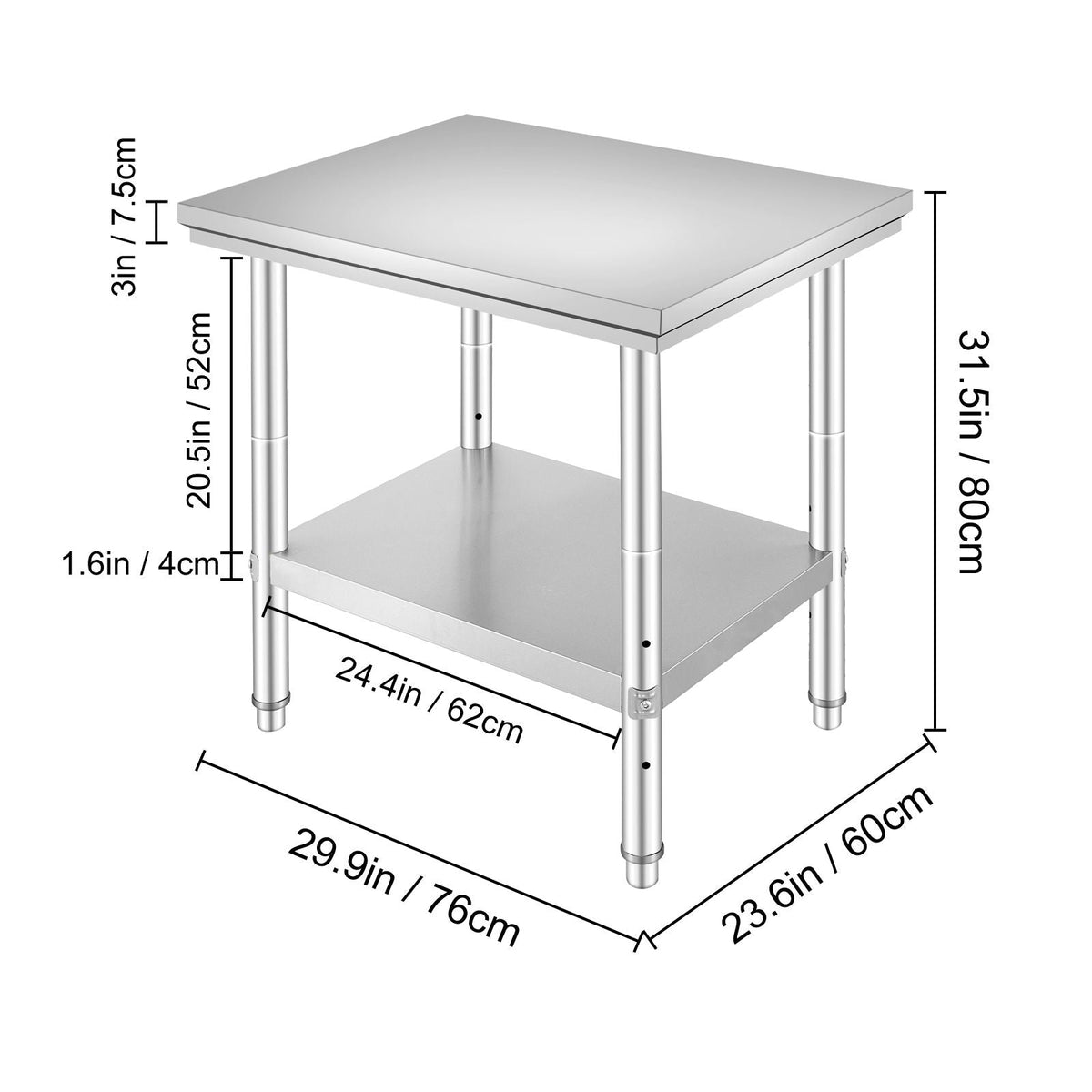 Stainless Steel Prep Table, 24 x 30 x 31 Inch, 700 lbs Load Capacity, Heavy Duty Metal Worktable with 3 Adjustable Height Levels, Commercial Workstation for Kitchen Garage Restaurant Backyard