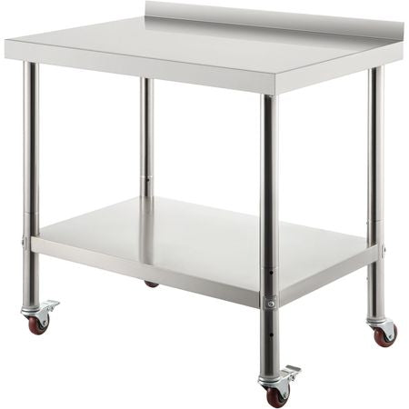 Stainless Steel Prep Table, 30 x 24 x 35 Inch, 440lbs Load Capacity Heavy Duty Metal Worktable with Backsplash Adjustable Undershelf & 4 Casters, Commercial Workstation for Kitchen Restaurant