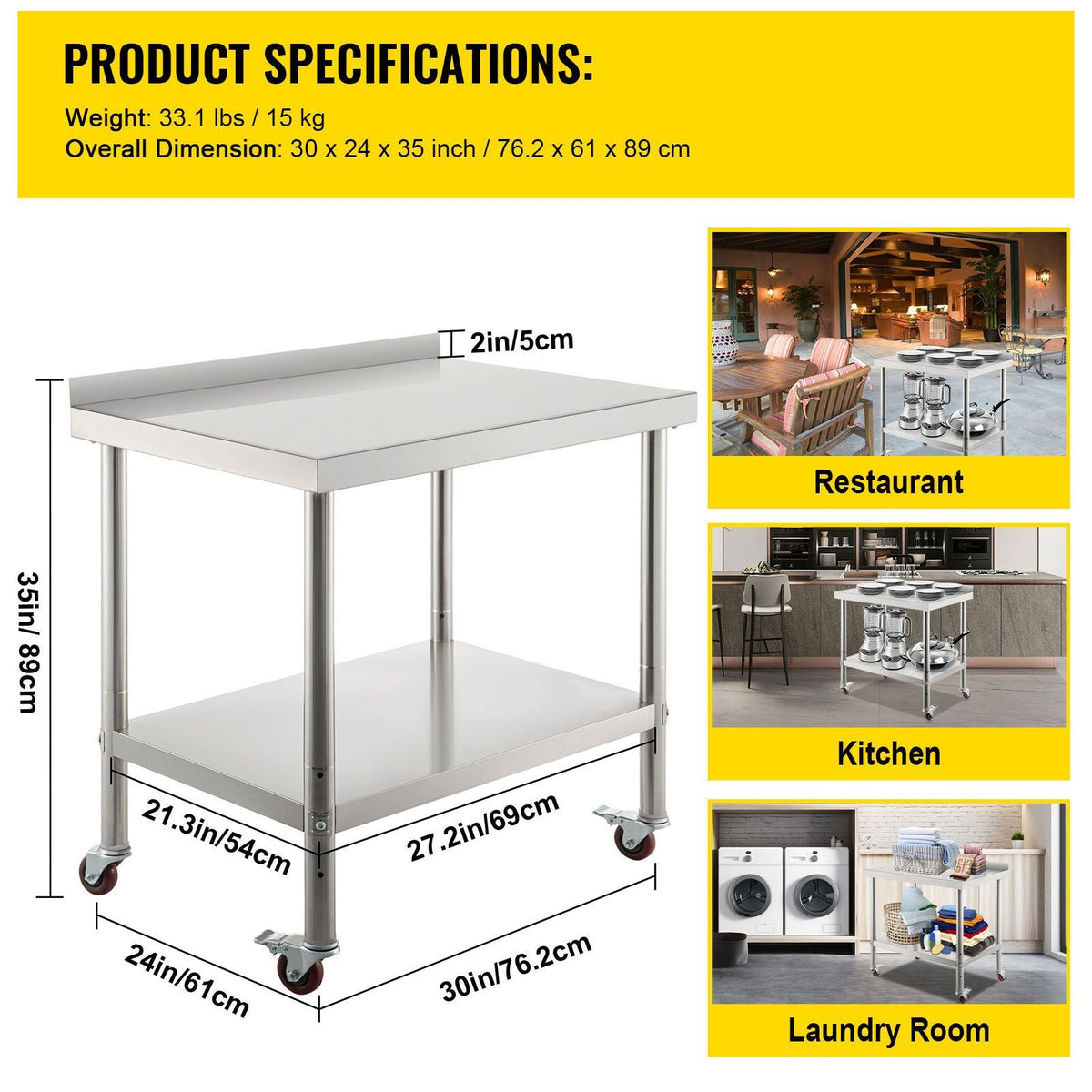 Stainless Steel Prep Table, 30 x 24 x 35 Inch, 440lbs Load Capacity Heavy Duty Metal Worktable with Backsplash Adjustable Undershelf & 4 Casters, Commercial Workstation for Kitchen Restaurant