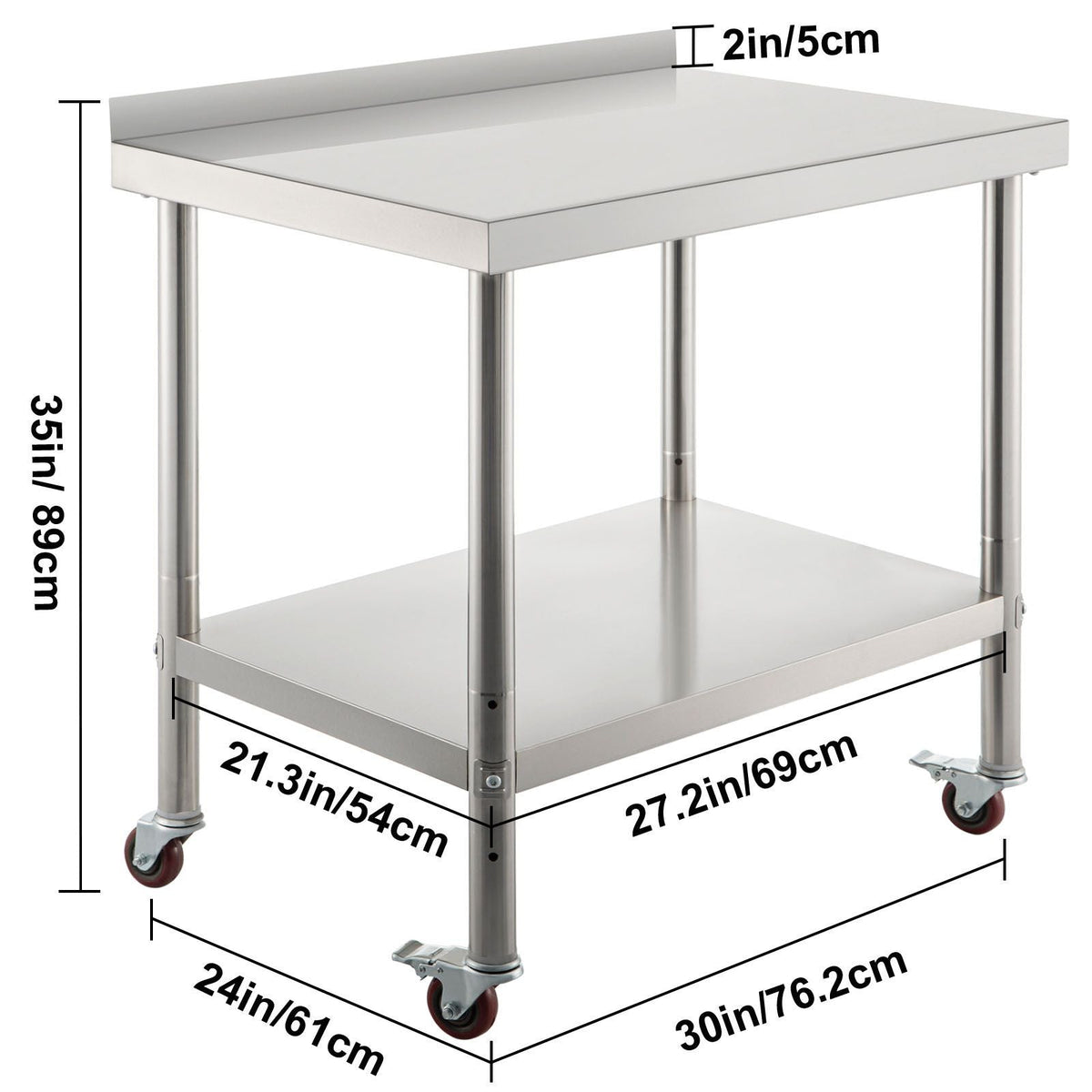 Stainless Steel Prep Table, 30 x 24 x 35 Inch, 440lbs Load Capacity Heavy Duty Metal Worktable with Backsplash Adjustable Undershelf & 4 Casters, Commercial Workstation for Kitchen Restaurant