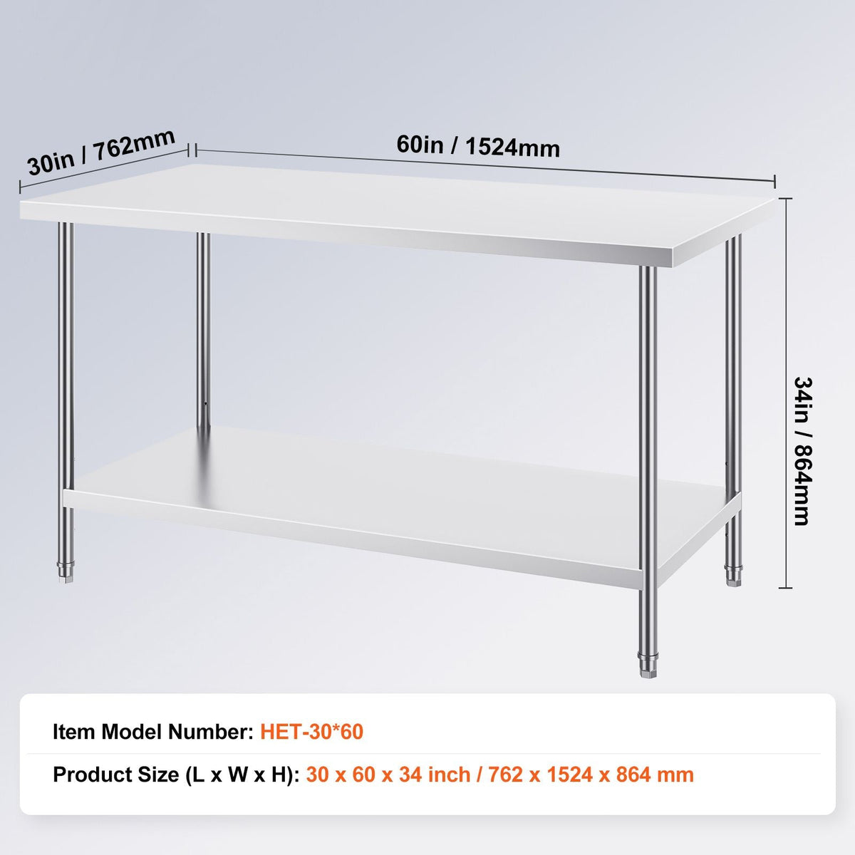 Stainless Steel Prep Table, 30 x 60 x 34 Inch, 910 lbs Load Capacity, Heavy Duty Metal Worktable with 3 Adjustable Height Levels, Commercial Workstation for Kitchen Garage Restaurant Backyard
