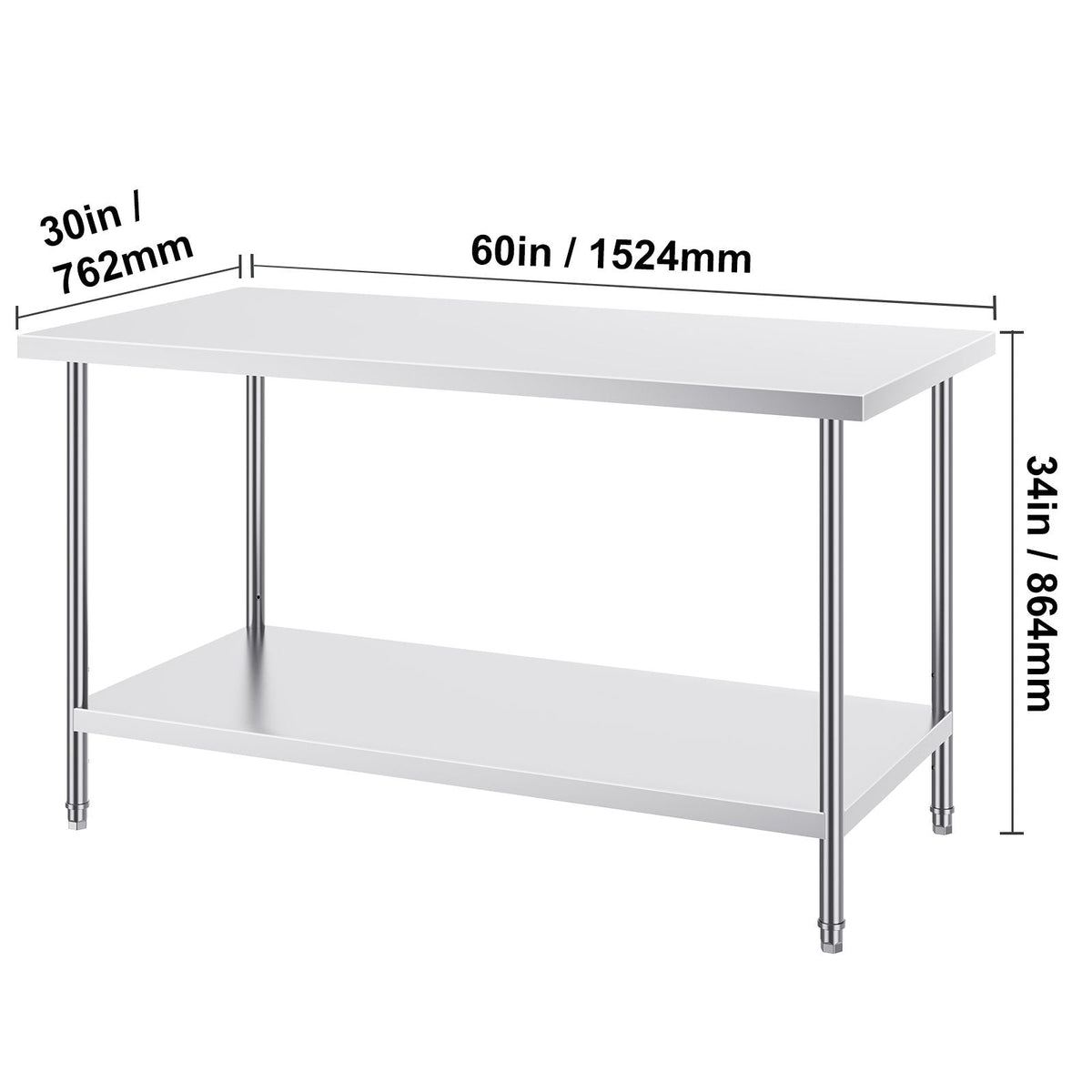 Stainless Steel Prep Table, 30 x 60 x 34 Inch, 910 lbs Load Capacity, Heavy Duty Metal Worktable with 3 Adjustable Height Levels, Commercial Workstation for Kitchen Garage Restaurant Backyard