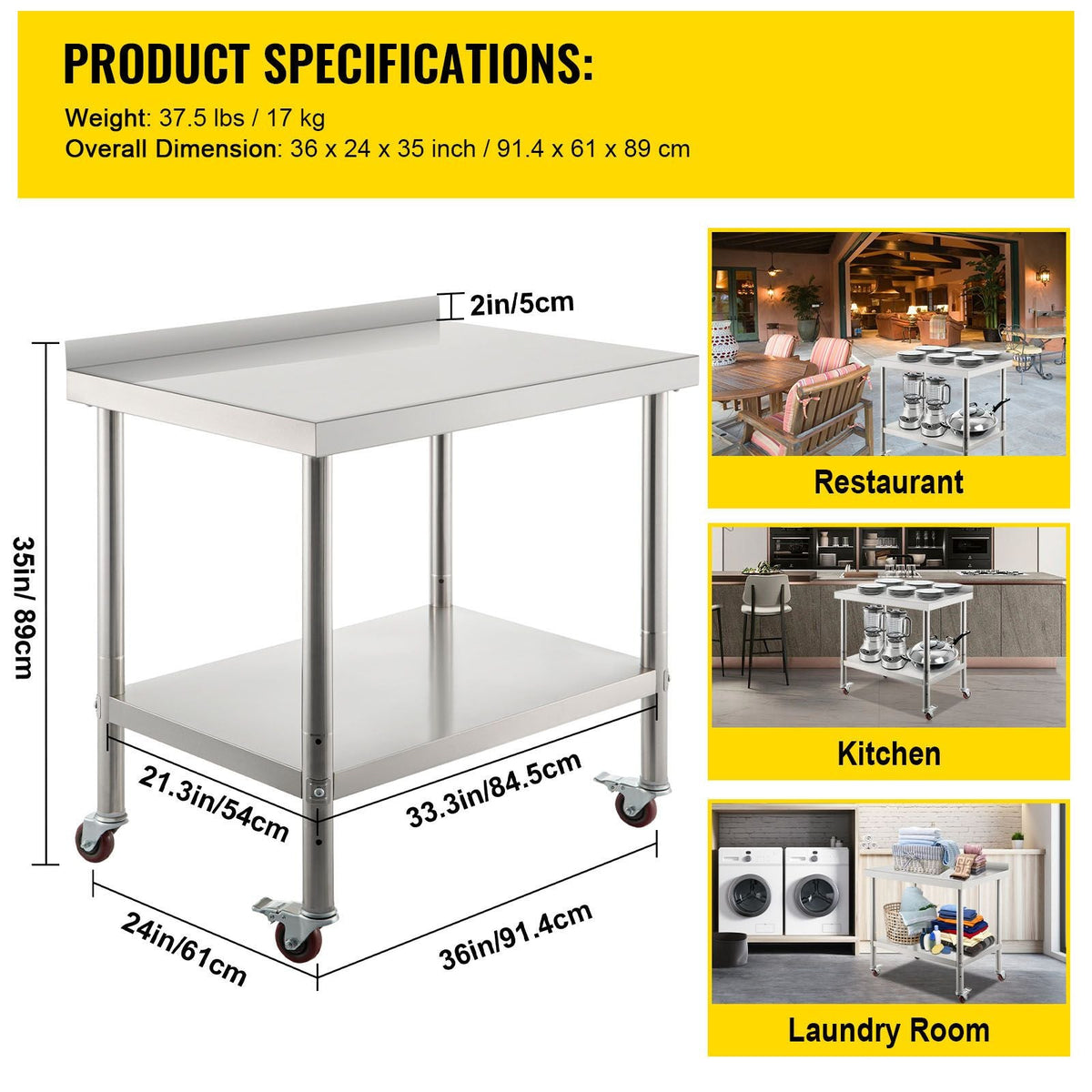 Stainless Steel Prep Table, 36 x 24 x 35 Inch, 440lbs Load Capacity Heavy Duty Metal Worktable with Backsplash Adjustable Undershelf & 4 Casters, Commercial Workstation for Kitchen Restaurant