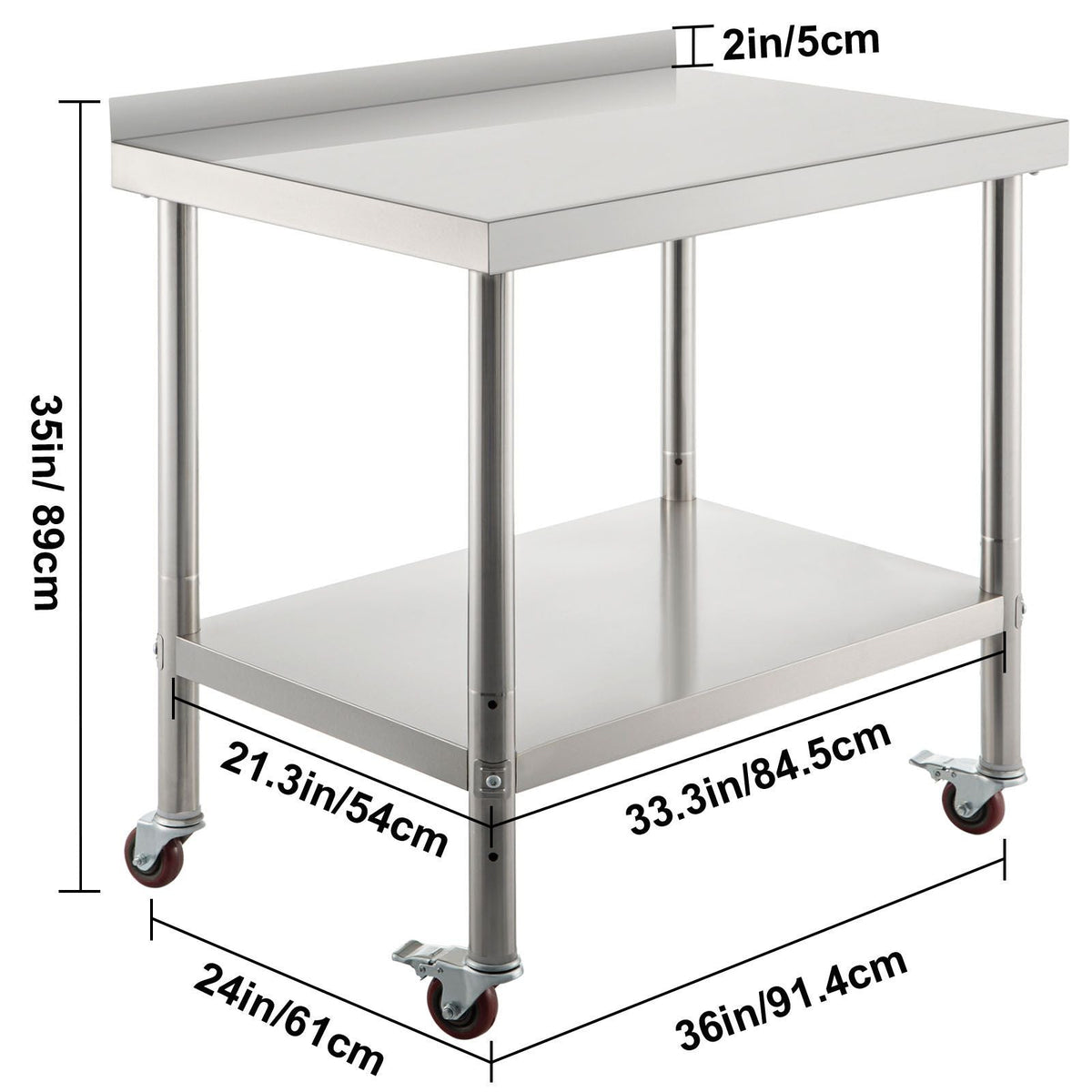 Stainless Steel Prep Table, 36 x 24 x 35 Inch, 440lbs Load Capacity Heavy Duty Metal Worktable with Backsplash Adjustable Undershelf & 4 Casters, Commercial Workstation for Kitchen Restaurant