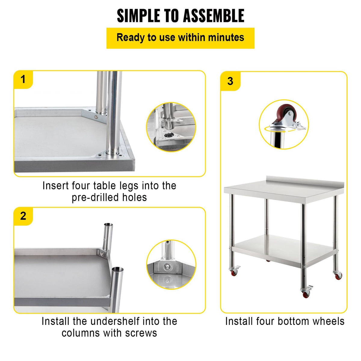 Stainless Steel Prep Table, 36 x 24 x 35 Inch, 440lbs Load Capacity Heavy Duty Metal Worktable with Backsplash Adjustable Undershelf & 4 Casters, Commercial Workstation for Kitchen Restaurant