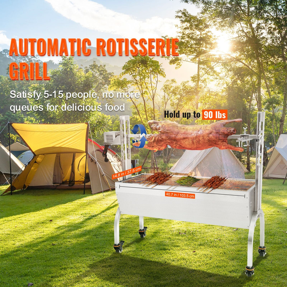 Stainless Steel Rotisserie Grill, BBQ Whole Pig Lamb Goat Charcoal Spit Grill, Electric 50W Motor BBQ Hog Rotisserie Roaster, 46 Inch 90 Lbs Capacity Lamb Rotisserie System for Camping Outdoor