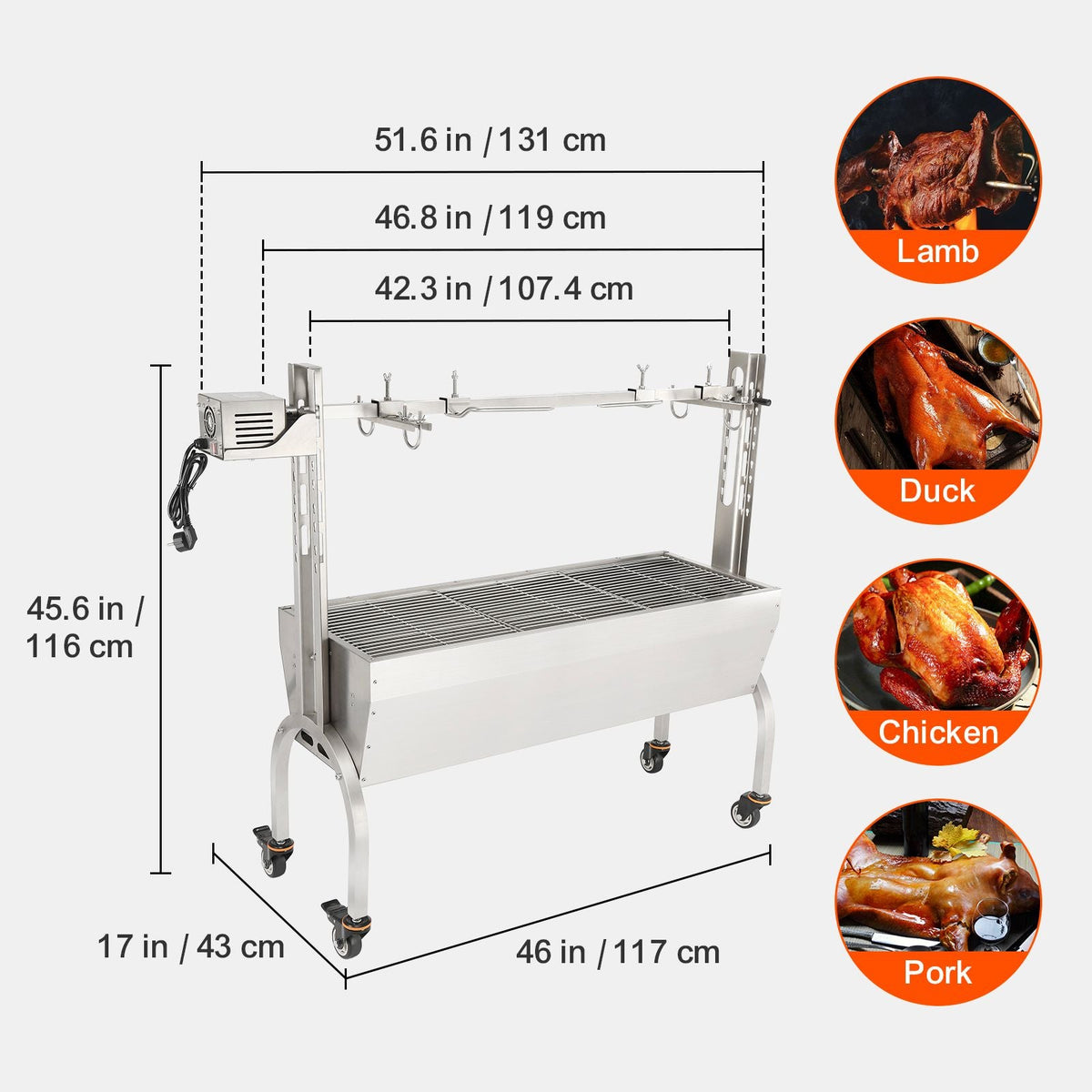 Stainless Steel Rotisserie Grill, BBQ Whole Pig Lamb Goat Charcoal Spit Grill, Electric 50W Motor BBQ Hog Rotisserie Roaster, 46 Inch 90 Lbs Capacity Lamb Rotisserie System for Camping Outdoor
