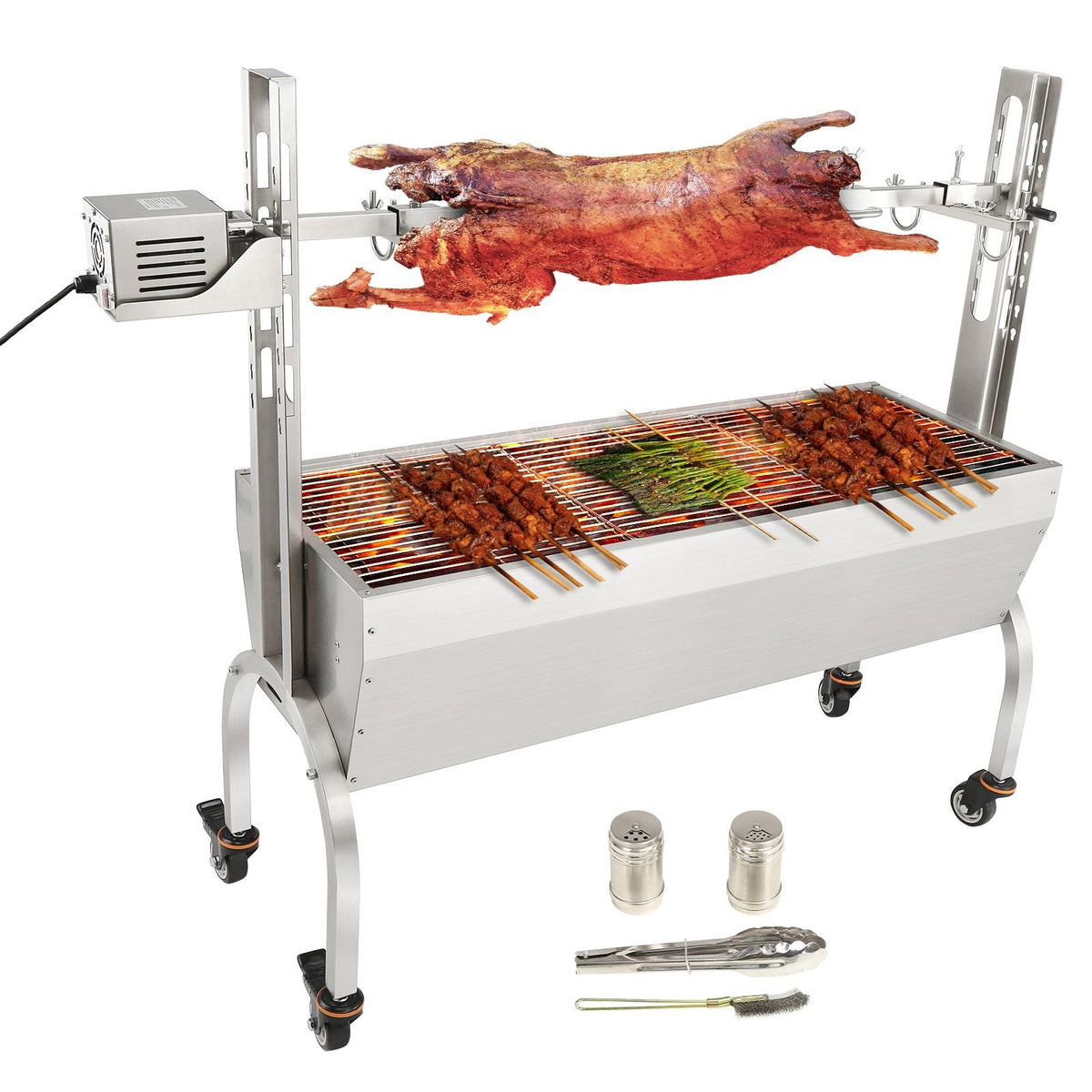 Stainless Steel Rotisserie Grill, BBQ Whole Pig Lamb Goat Charcoal Spit Grill, Electric 50W Motor BBQ Hog Rotisserie Roaster, 46 Inch 90 Lbs Capacity Lamb Rotisserie System for Camping Outdoor