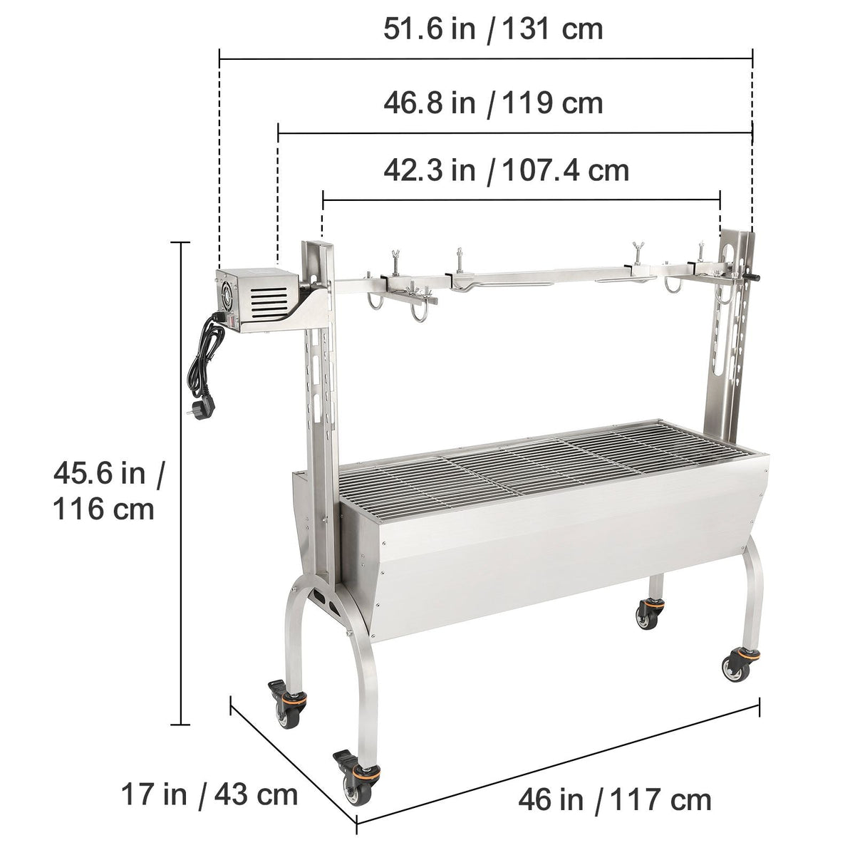 Stainless Steel Rotisserie Grill, BBQ Whole Pig Lamb Goat Charcoal Spit Grill, Electric 50W Motor BBQ Hog Rotisserie Roaster, 46 Inch 90 Lbs Capacity Lamb Rotisserie System for Camping Outdoor