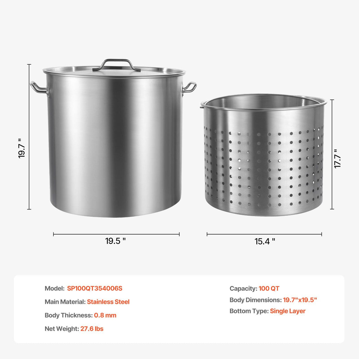 Stainless Steel Stockpot, 100 Quart Large Cooking Pots, Cookware Sauce Pot with Basket, Lid, and Handle, Heavy Duty Commercial Grade Stock Pot, Sanding Treatment, for Large Groups Events Silver