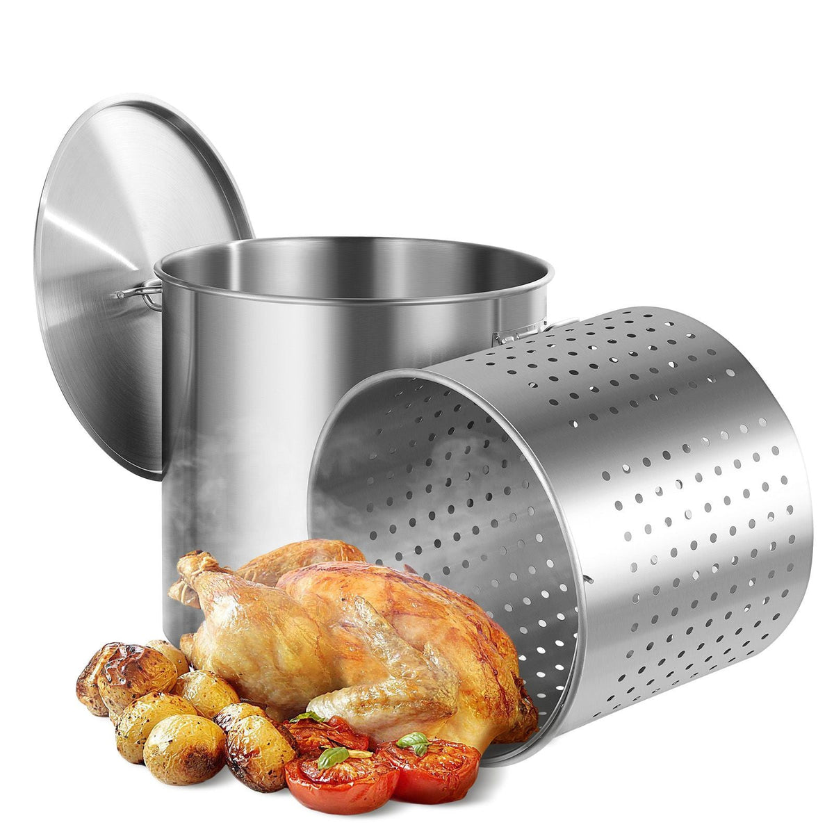 Stainless Steel Stockpot, 100 Quart Large Cooking Pots, Cookware Sauce Pot with Basket, Lid, and Handle, Heavy Duty Commercial Grade Stock Pot, Sanding Treatment, for Large Groups Events Silver