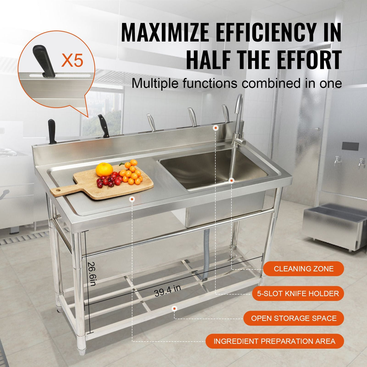 Stainless Steel Utility Sink, Free Standing Single Bowl Commercial Kitchen Sink Set w/Workbench, 39.4 x 19.1 x 37.4 in Commercial Single Bowl Sinks for Garage, Restaurant, Laundry