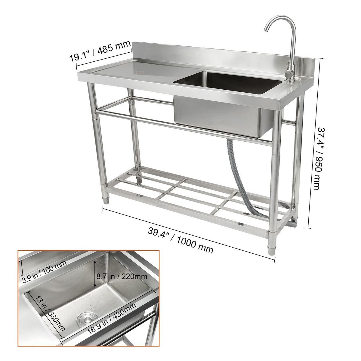 Stainless Steel Utility Sink, Free Standing Single Bowl Commercial Kitchen Sink Set w/Workbench, 39.4 x 19.1 x 37.4 in Commercial Single Bowl Sinks for Garage, Restaurant, Laundry