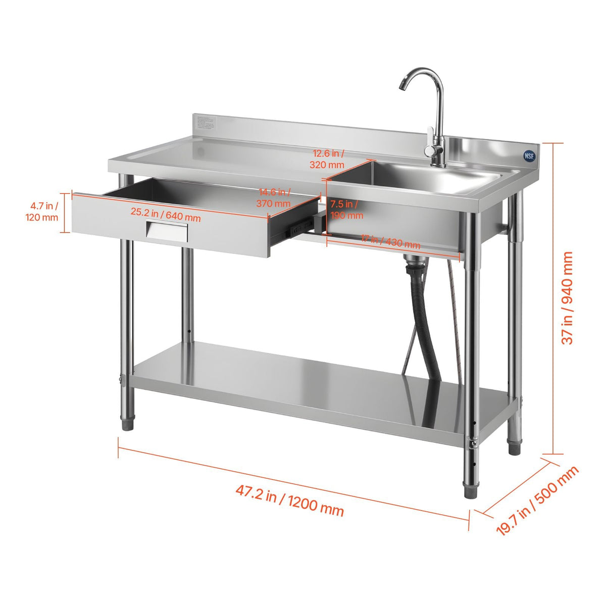 Stainless Steel Utility Sink, Rolling Single Bowl Commercial Kitchen Sink with Drawer, Faucet and Hot & Cold Water Pipe, Utility Basin for Garage, Restaurant, Laundry, 47.2 x 19.7 x 37 in