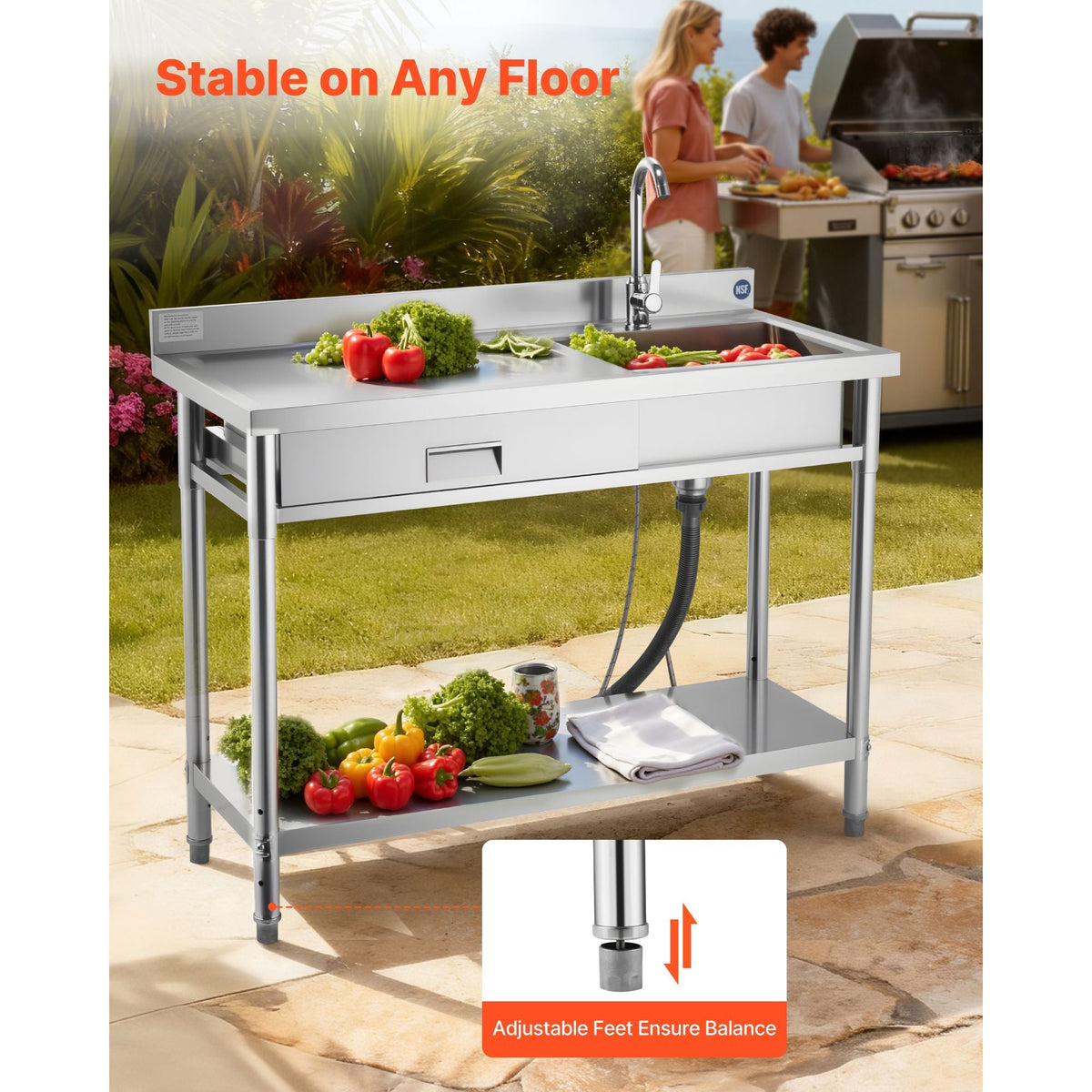 Stainless Steel Utility Sink, Rolling Single Bowl Commercial Kitchen Sink with Drawer, Faucet and Hot & Cold Water Pipe, Utility Basin for Garage, Restaurant, Laundry, 47.2 x 19.7 x 37 in