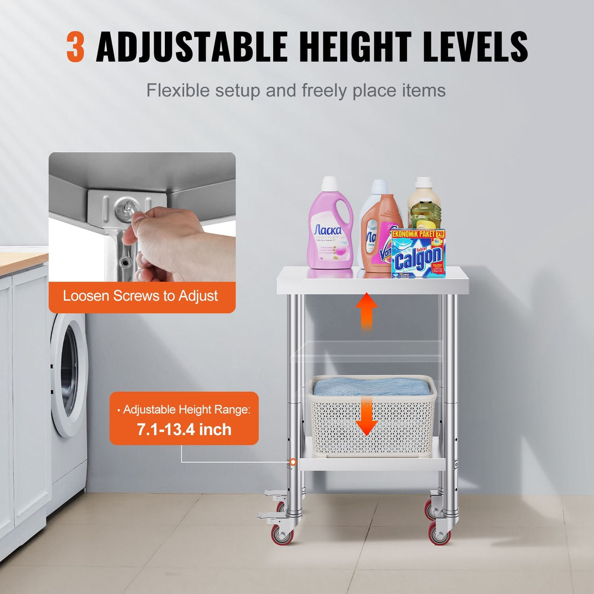 Stainless Steel Work Table 12 x 24 x 34 Inch, 700 LBS Load Capacity with 4 Wheels, 3 Adjustable Height Levels, Heavy Duty Food Prep Worktable for Commercial Kitchen Restaurant, Silver