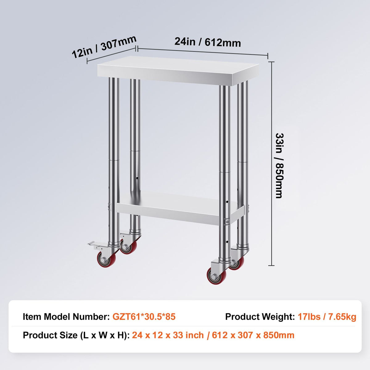Stainless Steel Work Table 12 x 24 x 34 Inch, 700 LBS Load Capacity with 4 Wheels, 3 Adjustable Height Levels, Heavy Duty Food Prep Worktable for Commercial Kitchen Restaurant, Silver