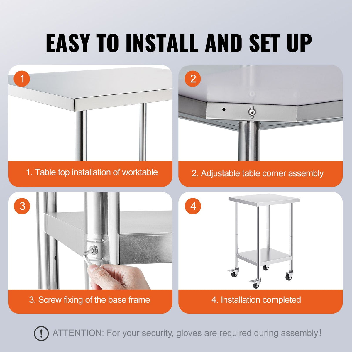 Stainless Steel Work Table 24 x 24 x 38 Inch, 700 LBS Load Capacity with 4 Wheels, 3 Adjustable Height Levels, Heavy Duty Food Prep Worktable for Commercial Kitchen Restaurant, Silver
