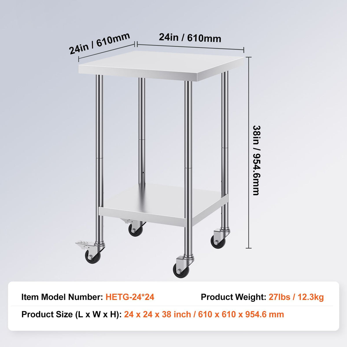 Stainless Steel Work Table 24 x 24 x 38 Inch, 700 LBS Load Capacity with 4 Wheels, 3 Adjustable Height Levels, Heavy Duty Food Prep Worktable for Commercial Kitchen Restaurant, Silver