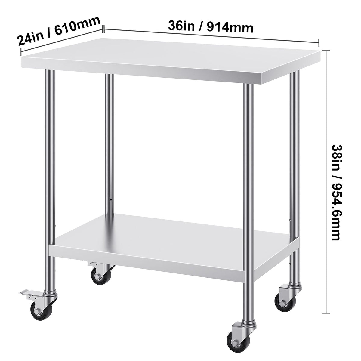 Stainless Steel Work Table 24 x 36 x 38 Inch, with 4 Wheels, 3 Adjustable Height Levels, Heavy Duty Food Prep Worktable for Commercial Kitchen Restaurant, Silver