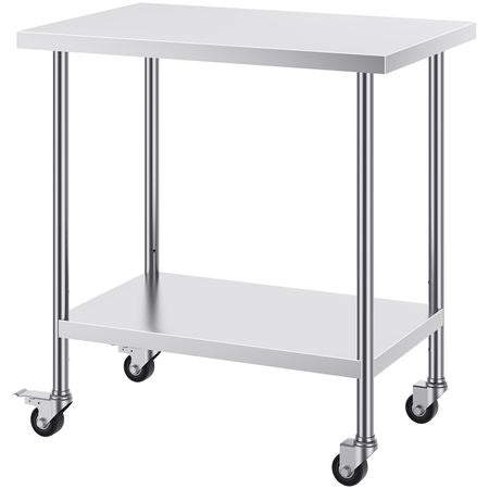 Stainless Steel Work Table 24 x 36 x 38 Inch, with 4 Wheels, 3 Adjustable Height Levels, Heavy Duty Food Prep Worktable for Commercial Kitchen Restaurant, Silver