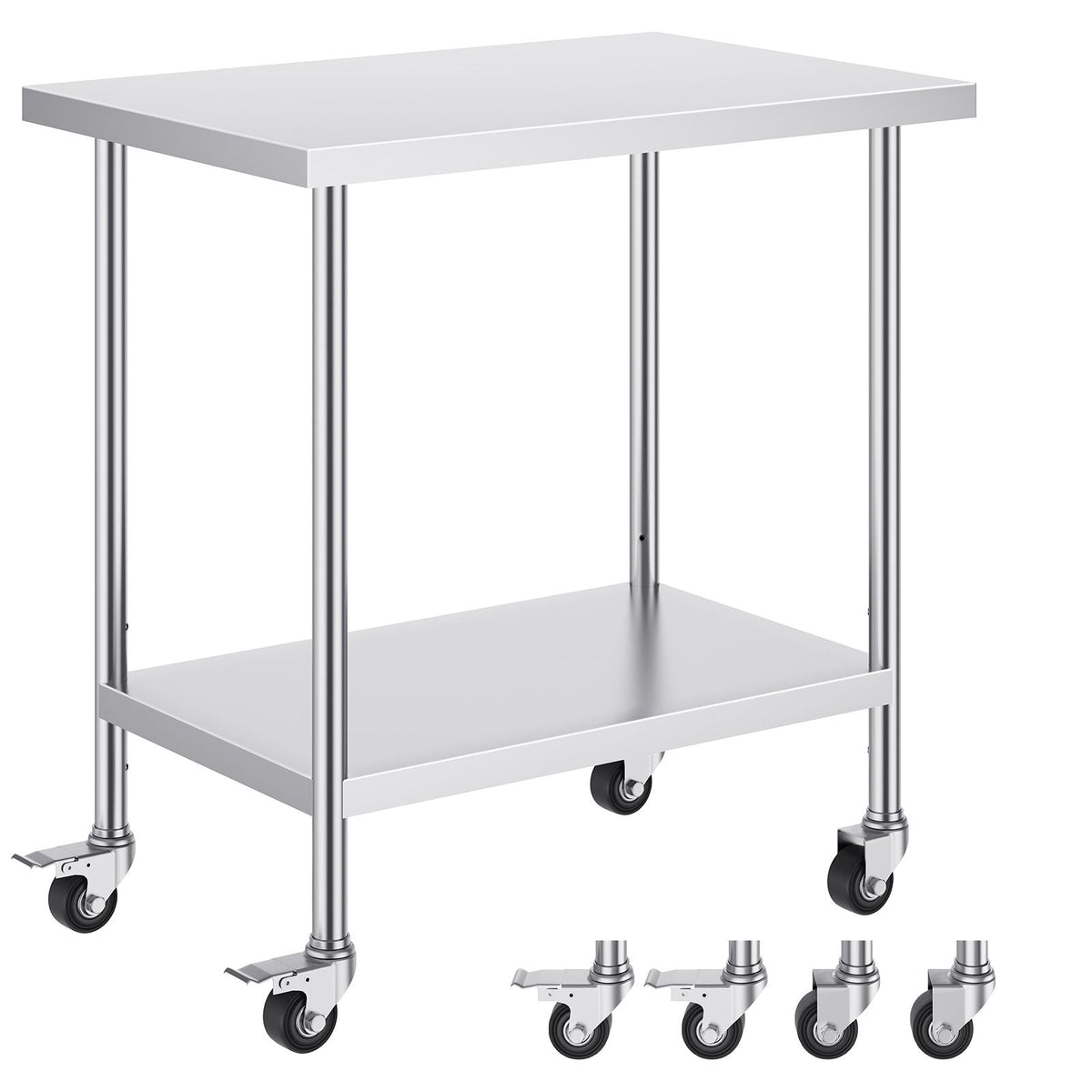 Stainless Steel Work Table 24 x 36 x 38 Inch, with 4 Wheels, 3 Adjustable Height Levels, Heavy Duty Food Prep Worktable for Commercial Kitchen Restaurant, Silver