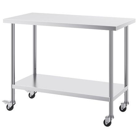 Stainless Steel Work Table 24 x 48 x 38 Inch, with 4 Wheels, 3 Adjustable Height Levels, Heavy Duty Food Prep Worktable for Commercial Kitchen Restaurant, Silver