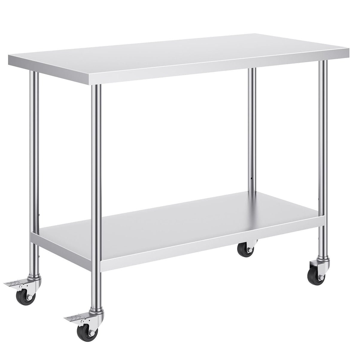 Stainless Steel Work Table 24 x 48 x 38 Inch, with 4 Wheels, 3 Adjustable Height Levels, Heavy Duty Food Prep Worktable for Commercial Kitchen Restaurant, Silver