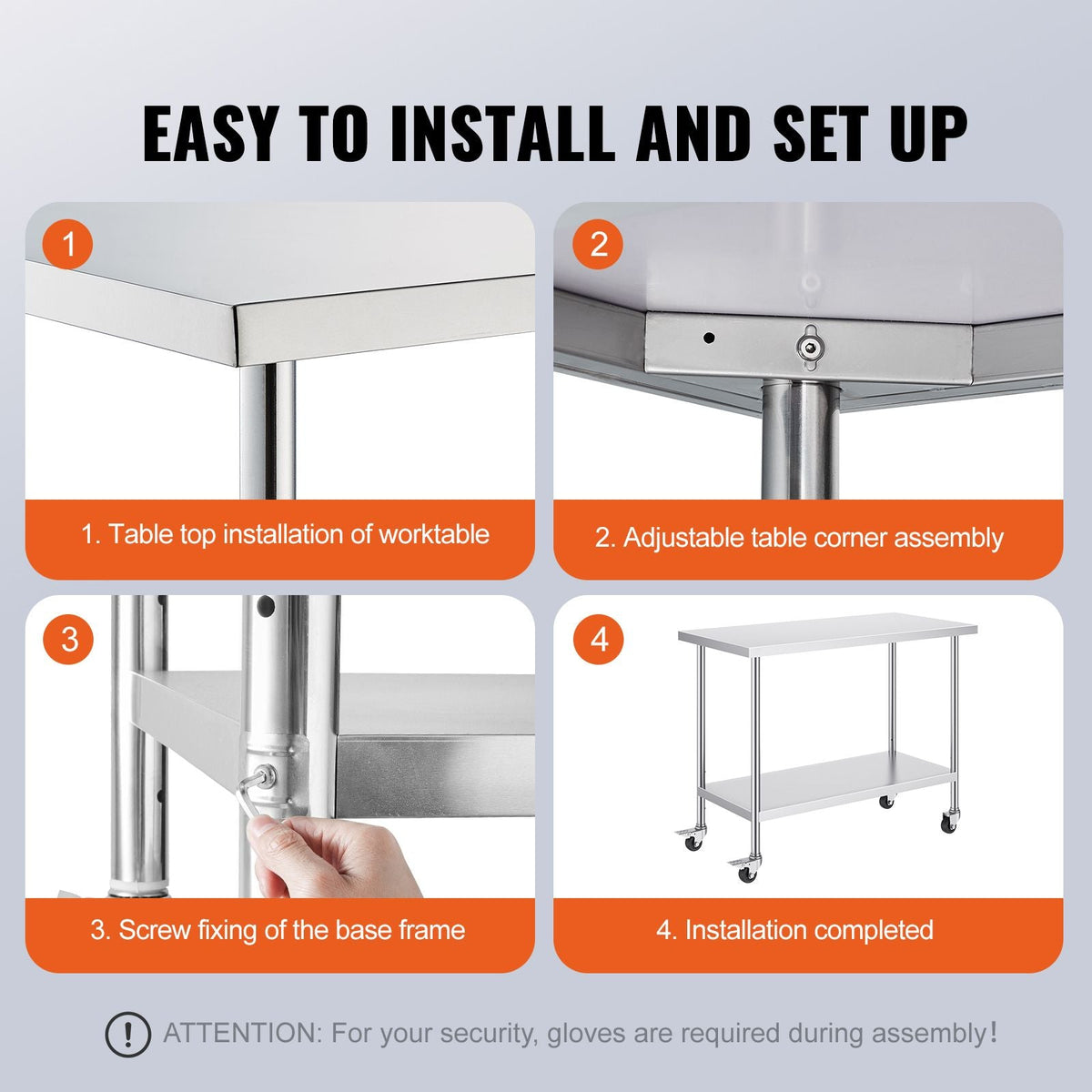 Stainless Steel Work Table 24 x 48 x 38 Inch, with 4 Wheels, 3 Adjustable Height Levels, Heavy Duty Food Prep Worktable for Commercial Kitchen Restaurant, Silver