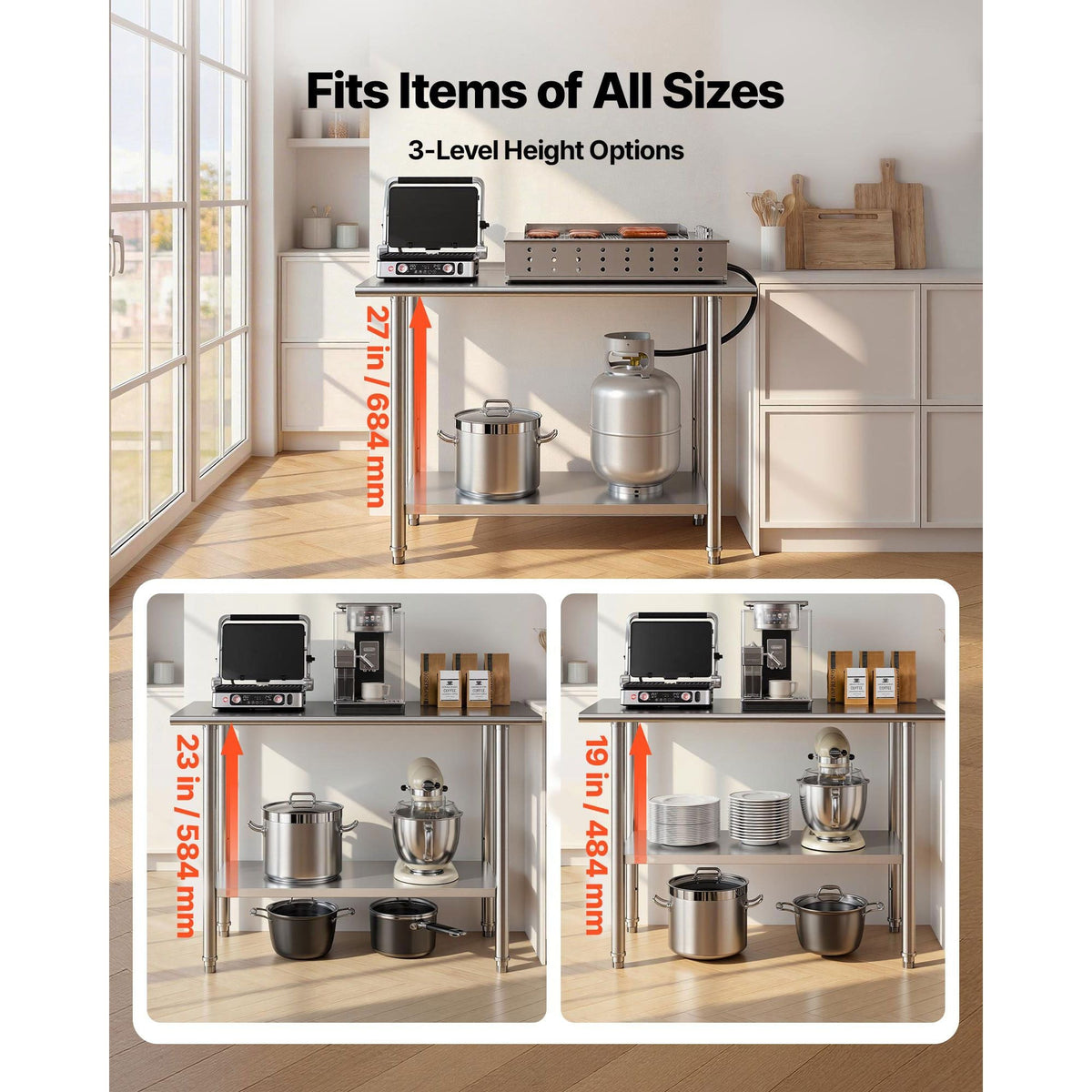 Stainless Steel Work Table, 24x48 Inch Food Prep Table, Commercial Kitchen Workstation with Adjustable Undershelf, Metal Heavy Duty Utility Worktable, for Restaurant Home Hotel Garage Outdoor