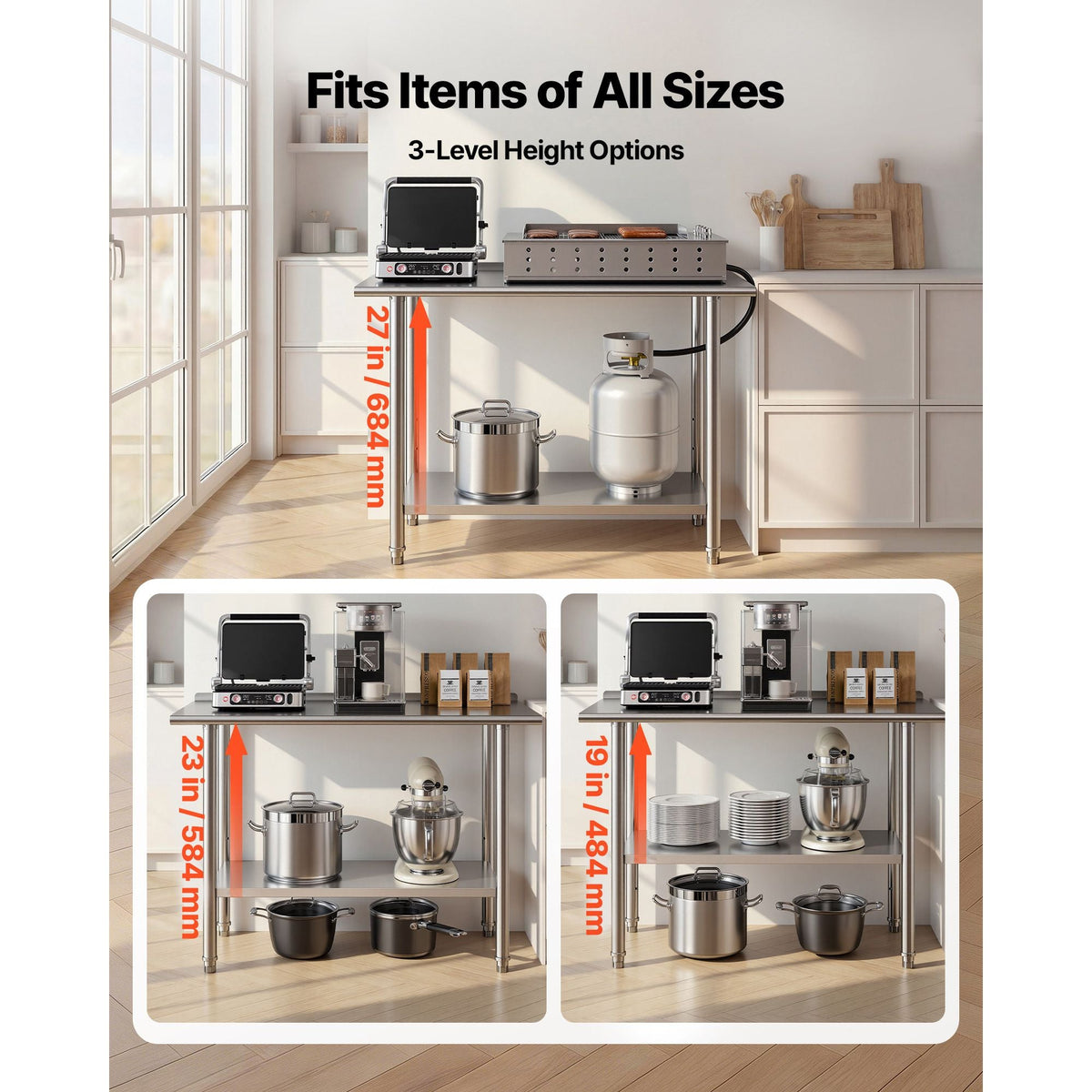 Stainless Steel Work Table, 24x48 Inch Food Prep Table with Backsplash, Commercial Kitchen Workstation with Adjustable Undershelf, Metal Heavy Duty Utility Worktable, for Restaurant Home Outdoor
