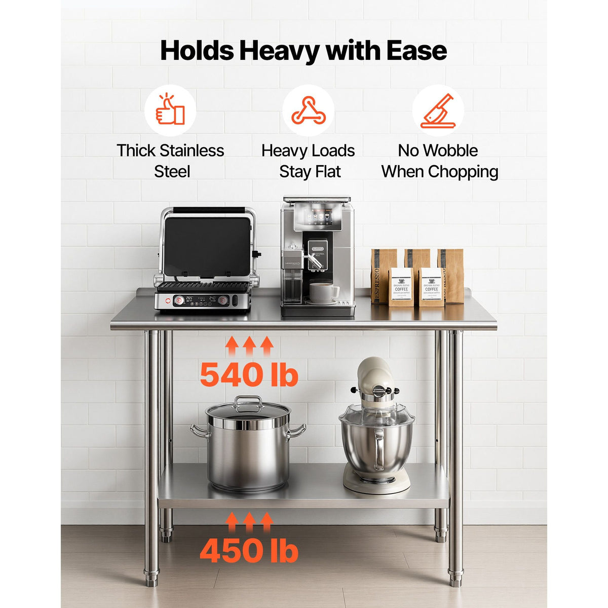Stainless Steel Work Table, 24x48 Inch Food Prep Table with Backsplash, Commercial Kitchen Workstation with Adjustable Undershelf, Metal Heavy Duty Utility Worktable, for Restaurant Home Outdoor