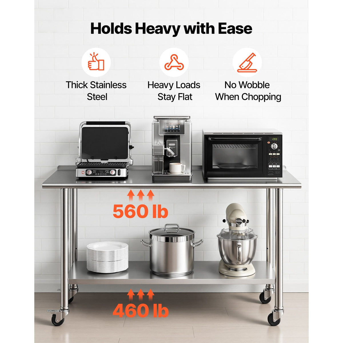 Stainless Steel Work Table, 24x60 inch Food Prep Table with Wheels and Backsplash, Commercial Kitchen Workstation with Adjustable Undershelf, Metal Utility Worktable, for Restaurant Home Outdoor
