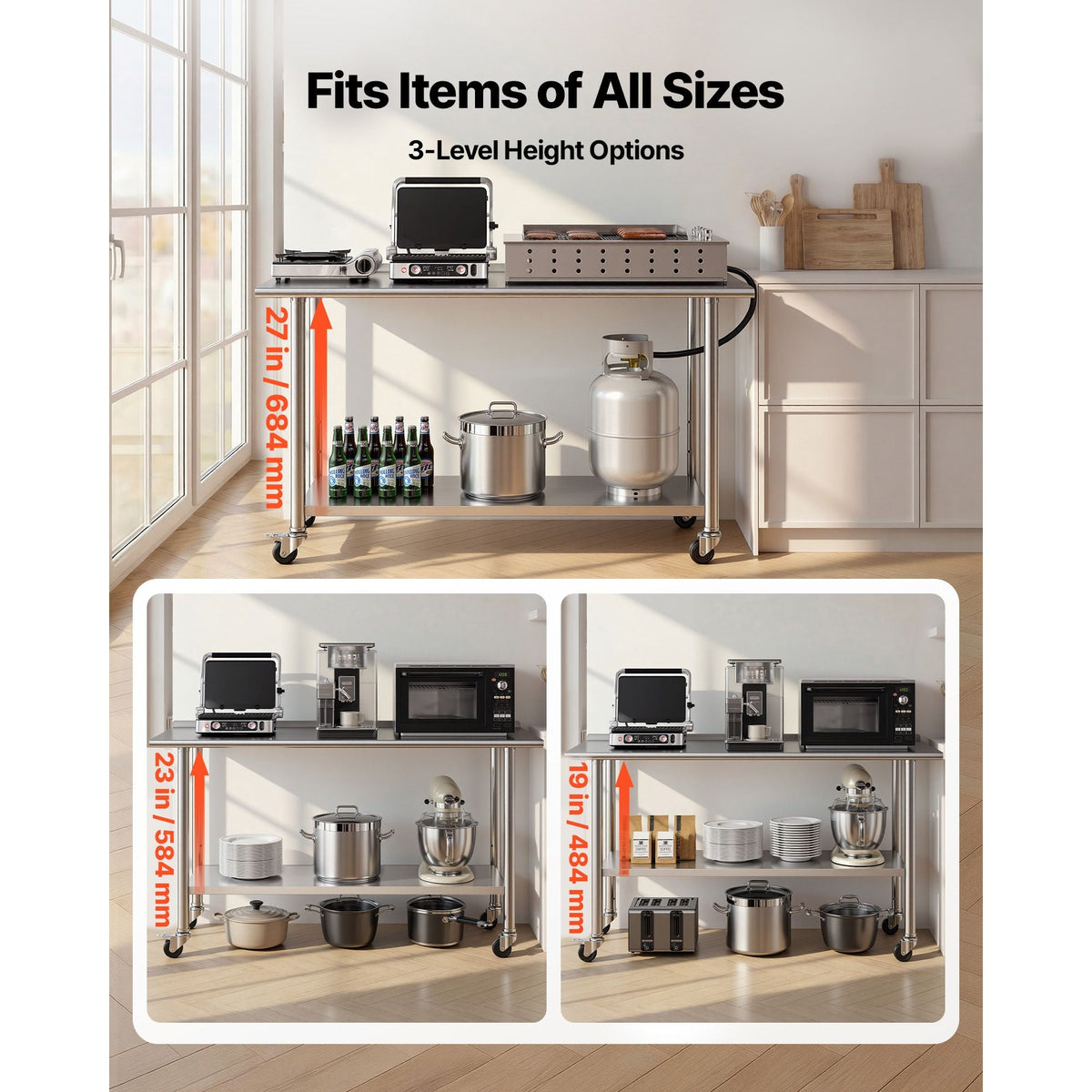 Stainless Steel Work Table, 24x60 inch Food Prep Table with Wheels and Backsplash, Commercial Kitchen Workstation with Adjustable Undershelf, Metal Utility Worktable, for Restaurant Home Outdoor