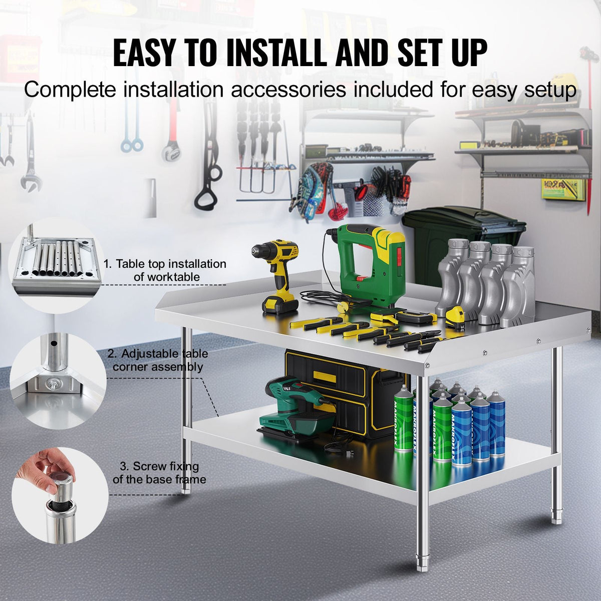 Stainless Steel Work Table, 30 x 48 x 26 Inch Commercial Food Prep Worktable, 3-Sided Backsplash Heavy Duty Prep Worktable, Metal Work Table with Adjustable Height for Restaurant Home Hotel