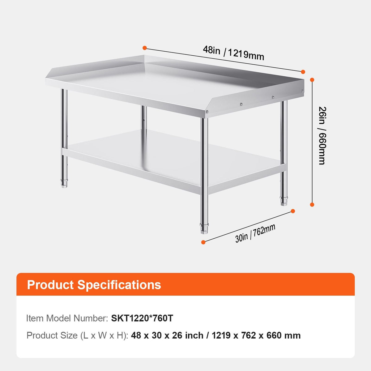 Stainless Steel Work Table, 30 x 48 x 26 Inch Commercial Food Prep Worktable, 3-Sided Backsplash Heavy Duty Prep Worktable, Metal Work Table with Adjustable Height for Restaurant Home Hotel