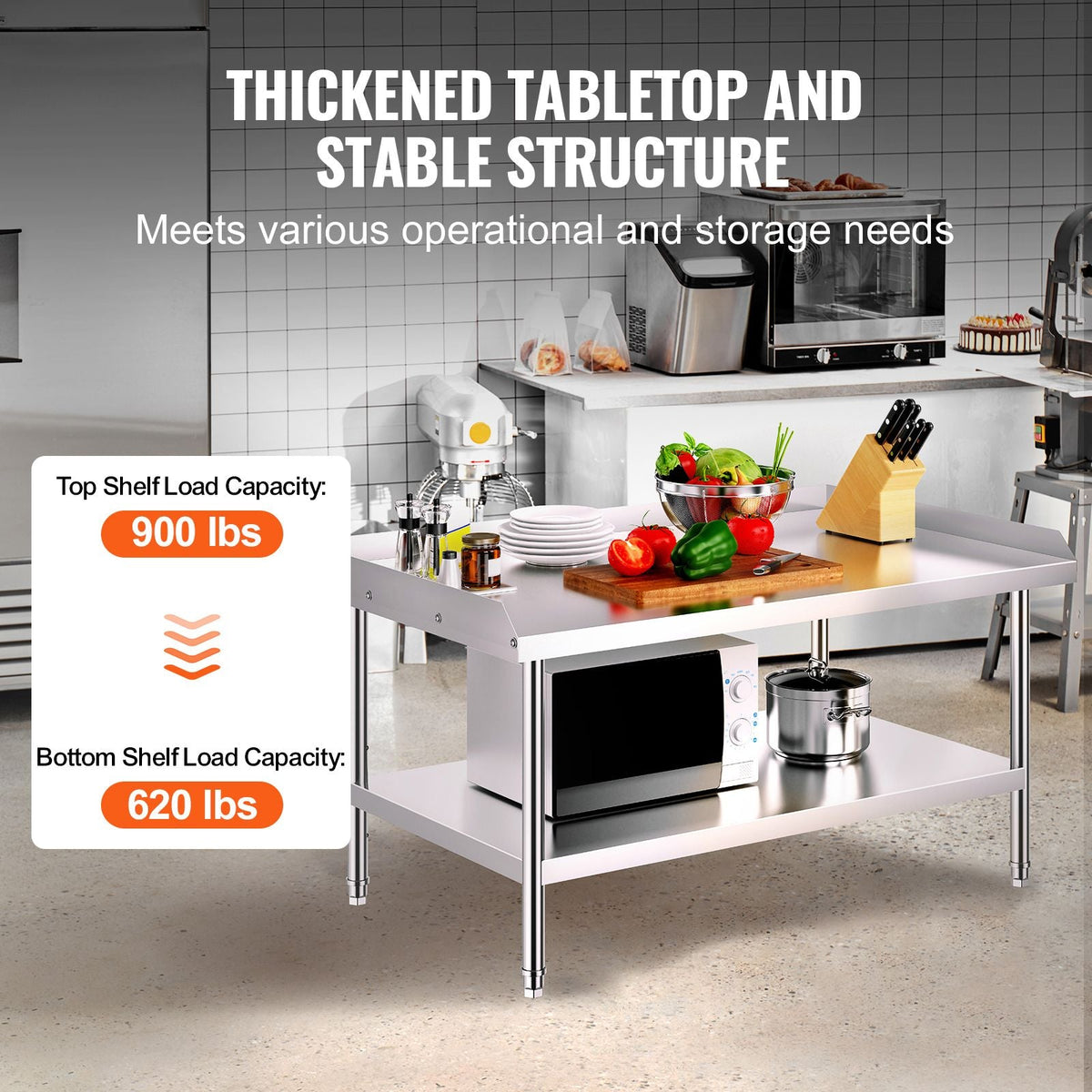 Stainless Steel Work Table, 30 x 48 x 26 Inch Commercial Food Prep Worktable, 3-Sided Backsplash Heavy Duty Prep Worktable, Metal Work Table with Adjustable Height for Restaurant Home Hotel