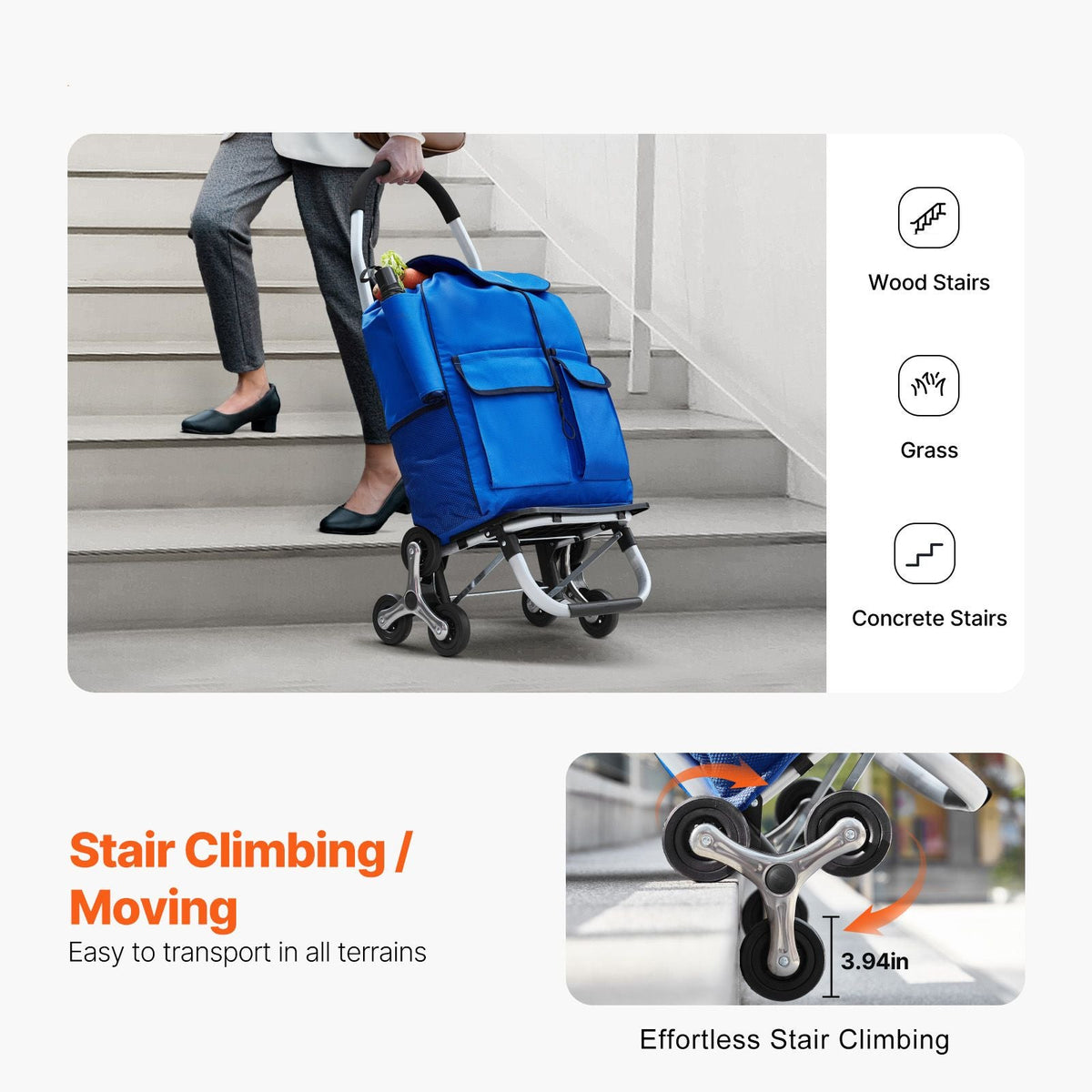 Stair Climber Trolley Dolly, 36L Folding Shopping Cart, Grocery Cart Trolley Laundry Stair Climbing Handcart with 6 Wheels & Oxford Cloth Bag, Foldable Cart for Shopping Grocery Laundry Climbing