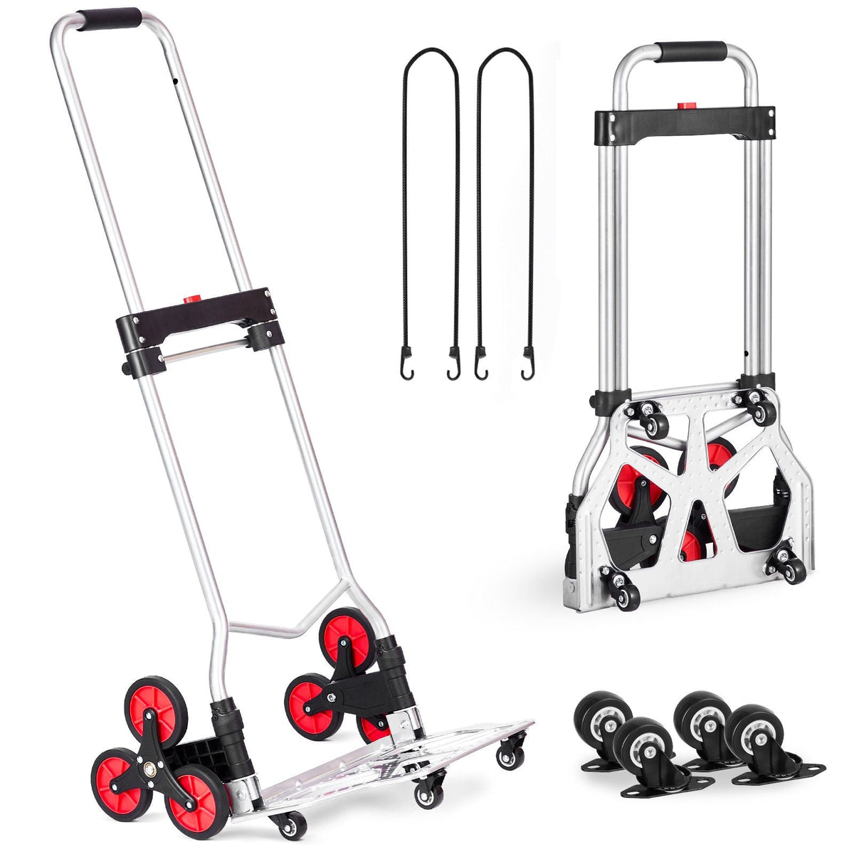Stair Climbing Cart, 260 lbs Capacity Stair Climber Hand Truck and Dolly, Heavy-Duty Folding Trolley Cart with Telescoping Handle, 10 Wheels & 2 Elastic Ropes for Home Shopping Moving Warehouse