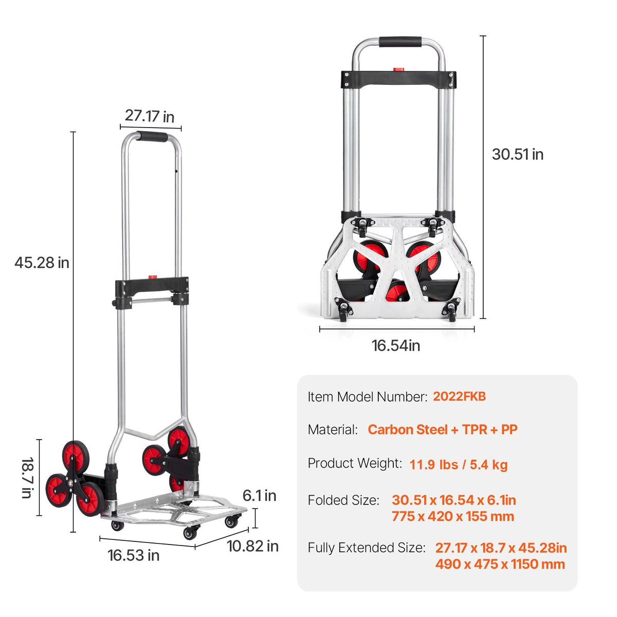 Stair Climbing Cart, 260 lbs Capacity Stair Climber Hand Truck and Dolly, Heavy-Duty Folding Trolley Cart with Telescoping Handle, 10 Wheels & 2 Elastic Ropes for Home Shopping Moving Warehouse