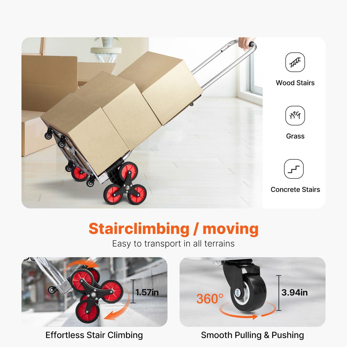Stair Climbing Cart, 260 lbs Capacity Stair Climber Hand Truck and Dolly, Heavy-Duty Folding Trolley Cart with Telescoping Handle, 10 Wheels & 2 Elastic Ropes for Home Shopping Moving Warehouse