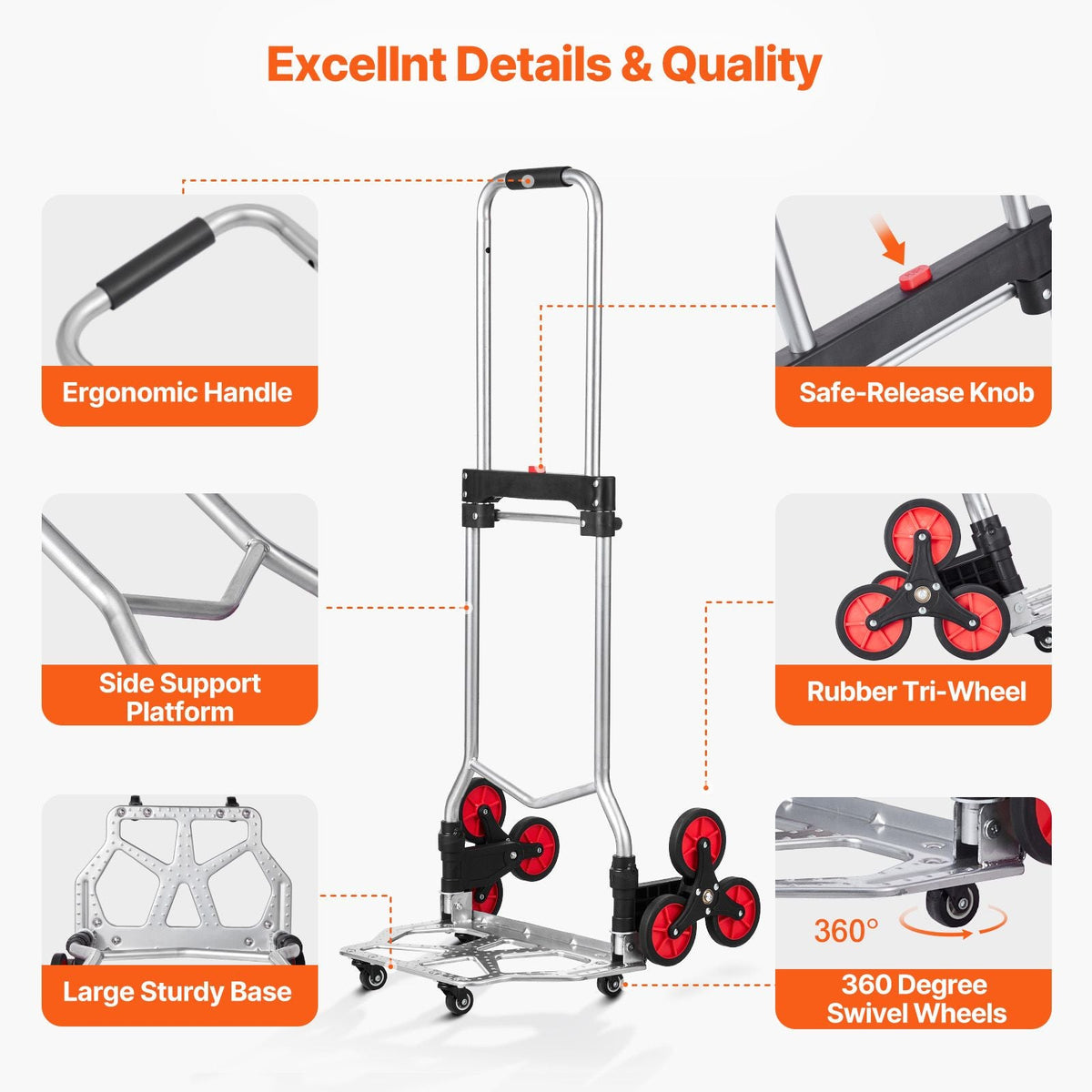 Stair Climbing Cart, 260 lbs Capacity Stair Climber Hand Truck and Dolly, Heavy-Duty Folding Trolley Cart with Telescoping Handle, 10 Wheels & 2 Elastic Ropes for Home Shopping Moving Warehouse