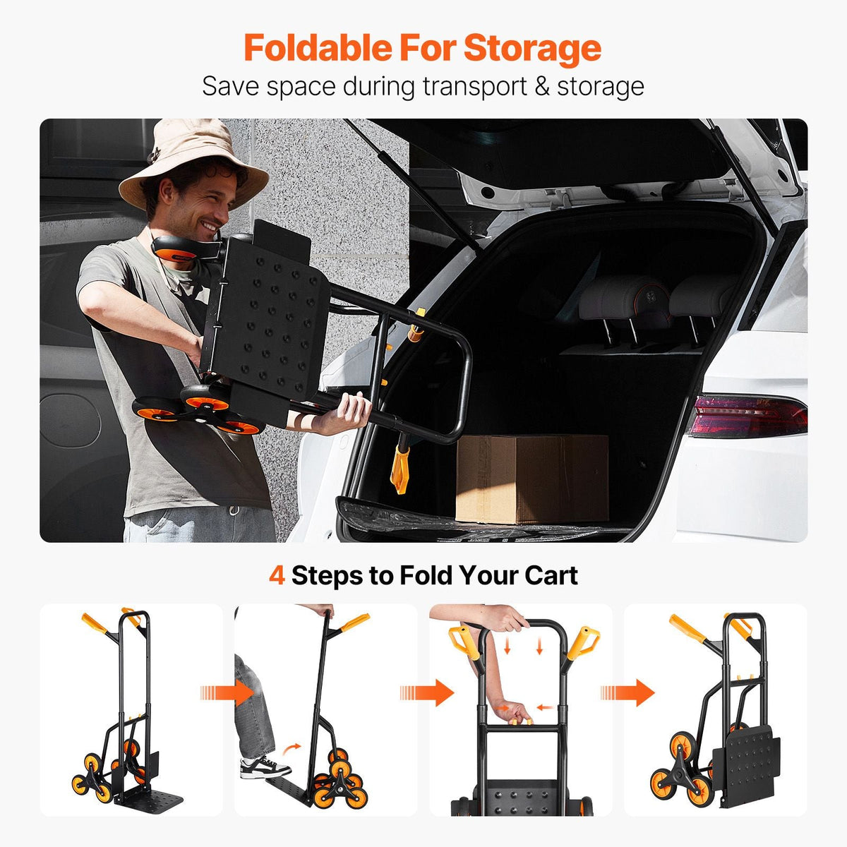 Stair Climbing Cart, 440 lbs Capacity Stair Climber Hand Truck and Dolly, Heavy-Duty Folding Trolley Cart with Dual Handle, 6 Wheels & 2 Elastic Ropes for Home Office Shopping Moving Warehouse