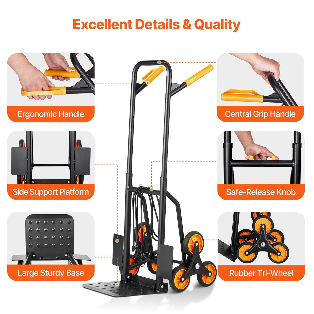 Stair Climbing Cart, 440 lbs Capacity Stair Climber Hand Truck and Dolly, Heavy-Duty Folding Trolley Cart with Dual Handle, 6 Wheels & 2 Elastic Ropes for Home Office Shopping Moving Warehouse